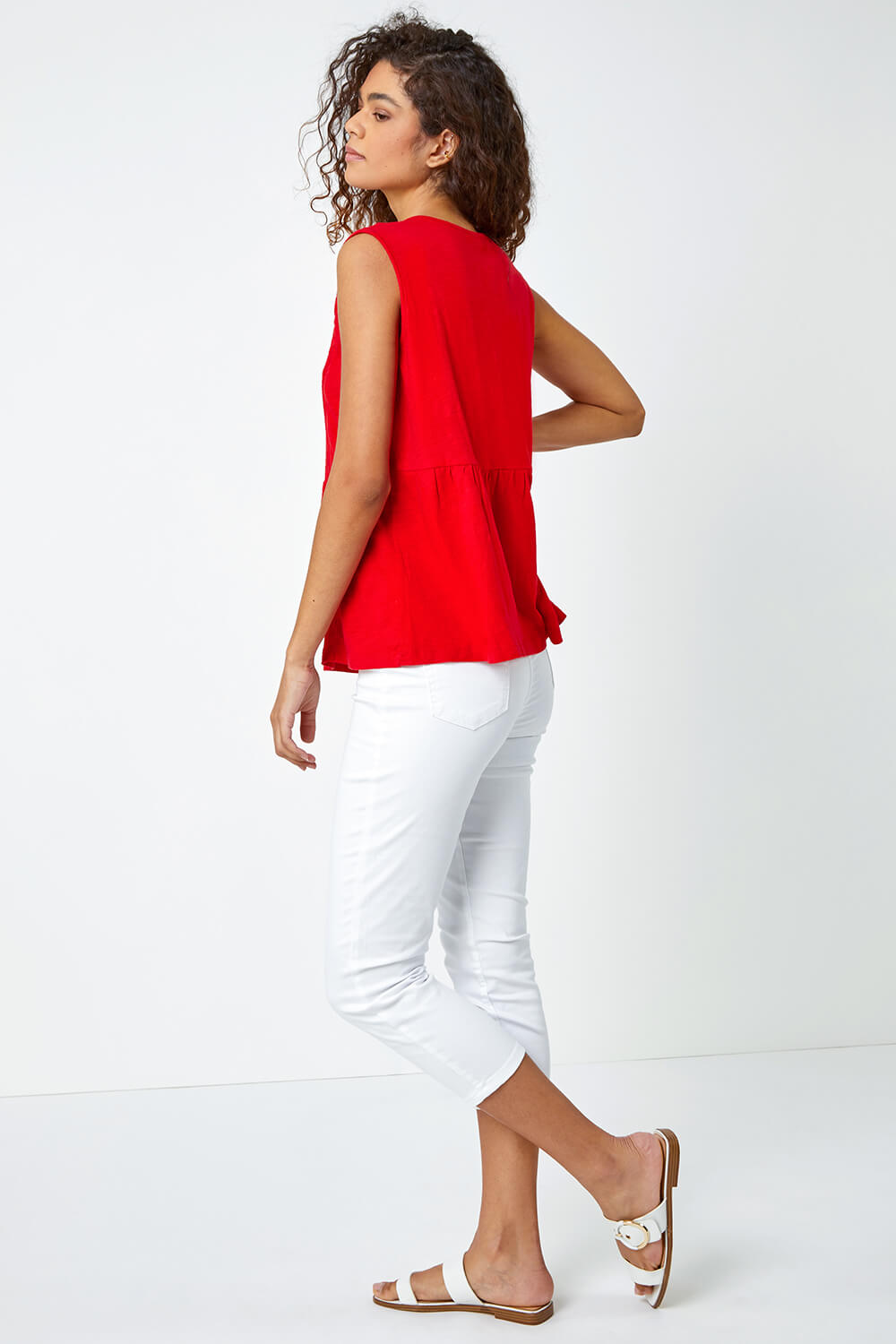 Red Embroidered Peplum Cotton Vest, Image 3 of 5