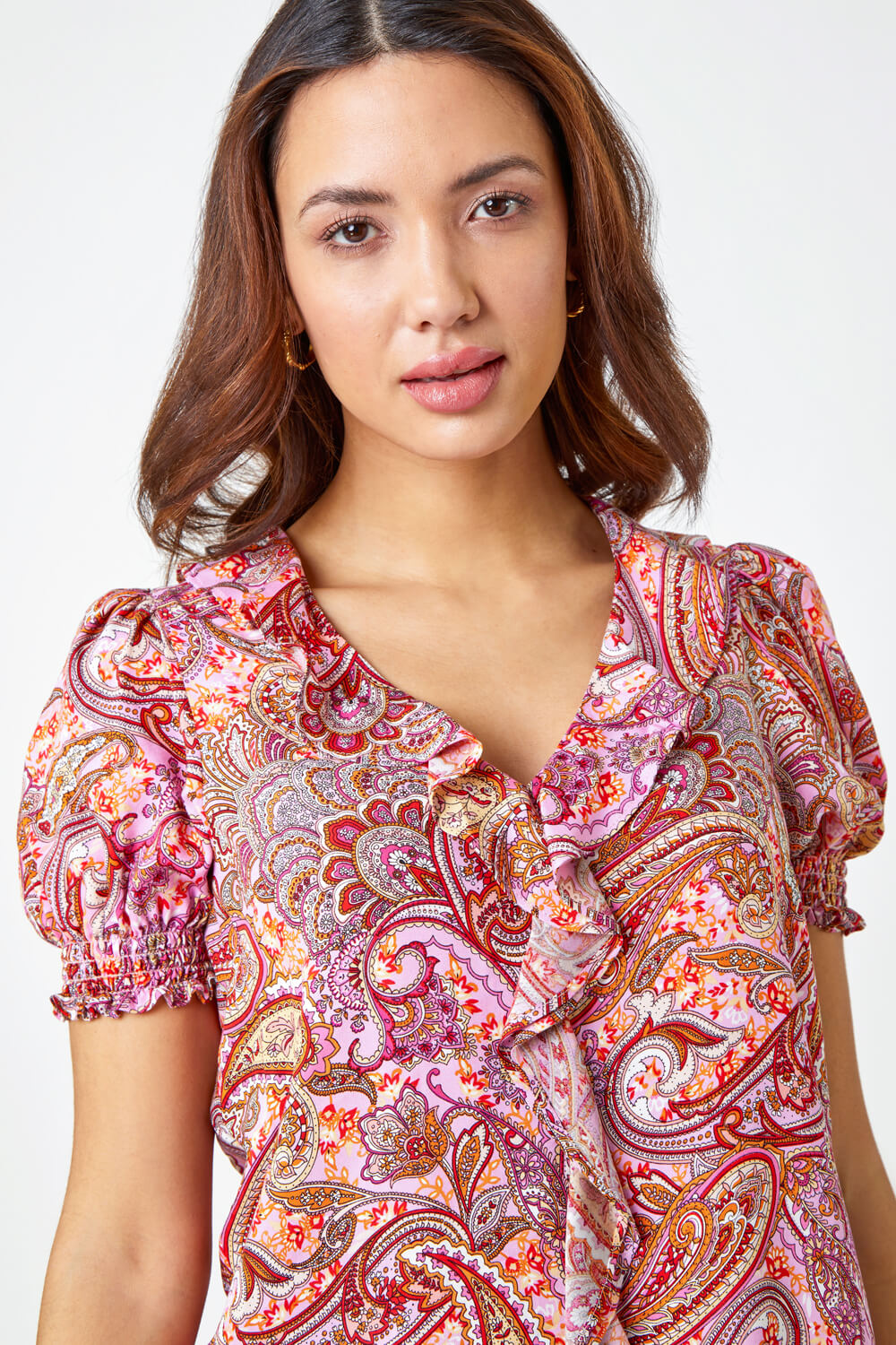 PINK Paisley Print Ruffle Front Top, Image 4 of 5