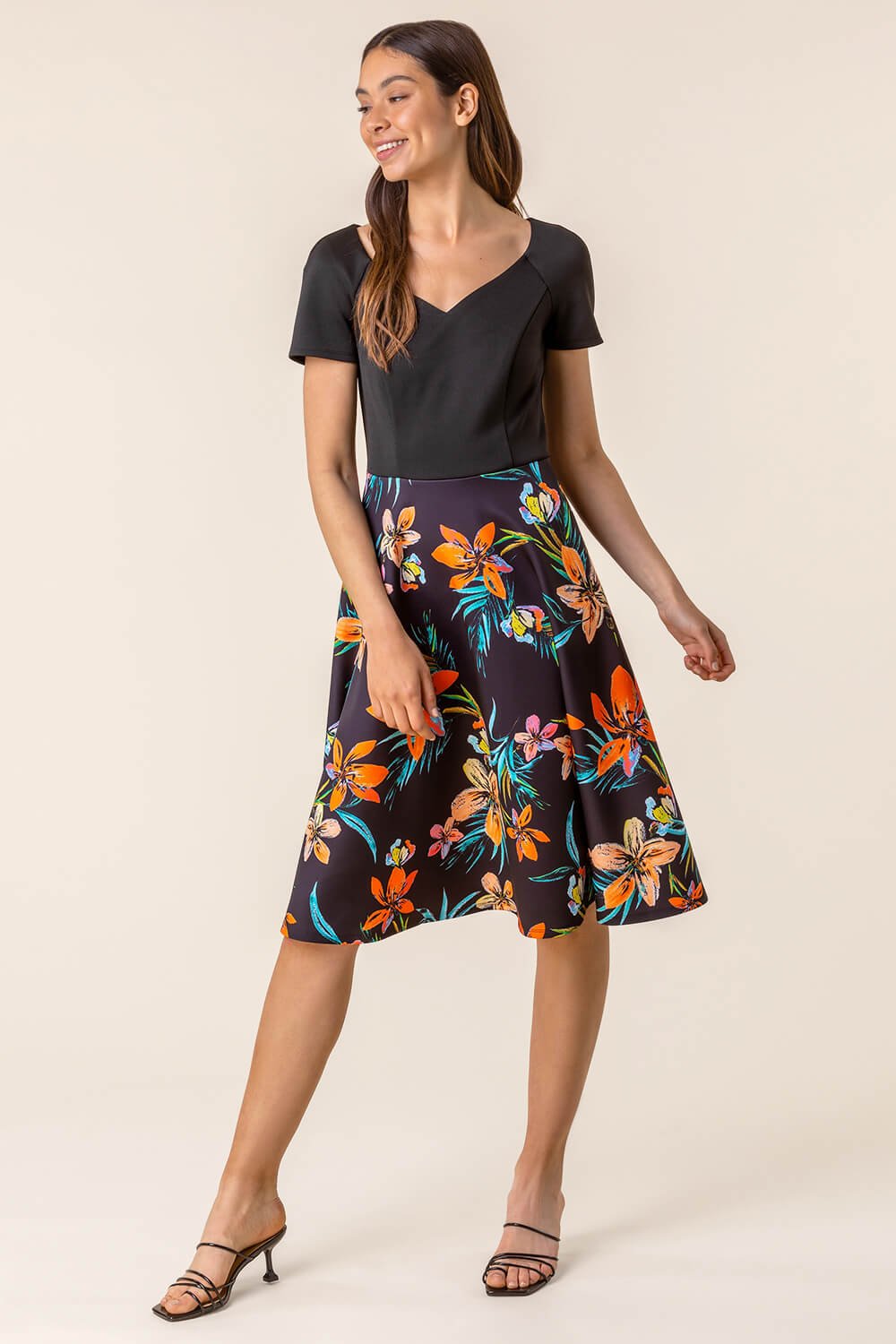Black Tropical Print Fit & Flare Dress, Image 3 of 4