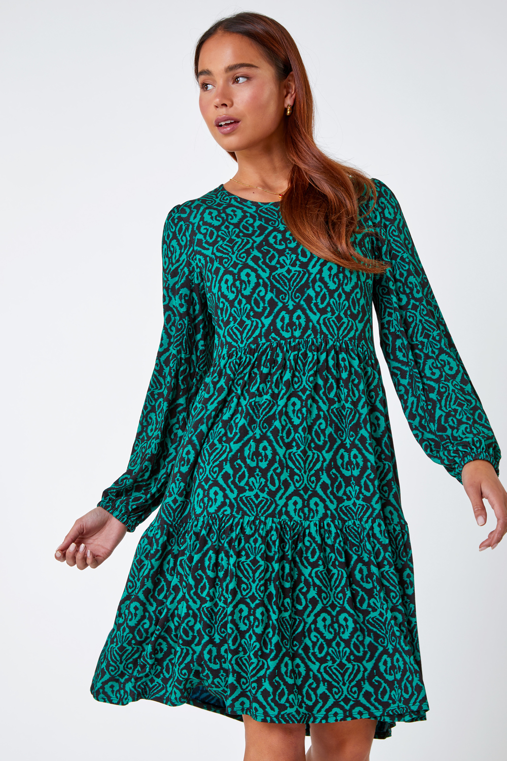 Green Petite Aztec Print Tiered Stretch Dress , Image 2 of 5