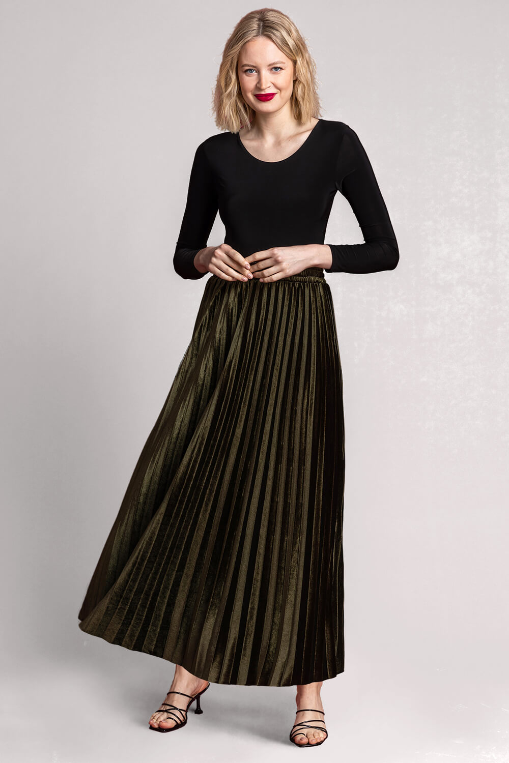Olive Velour Pleated Midi Skirt, Image 3 of 5