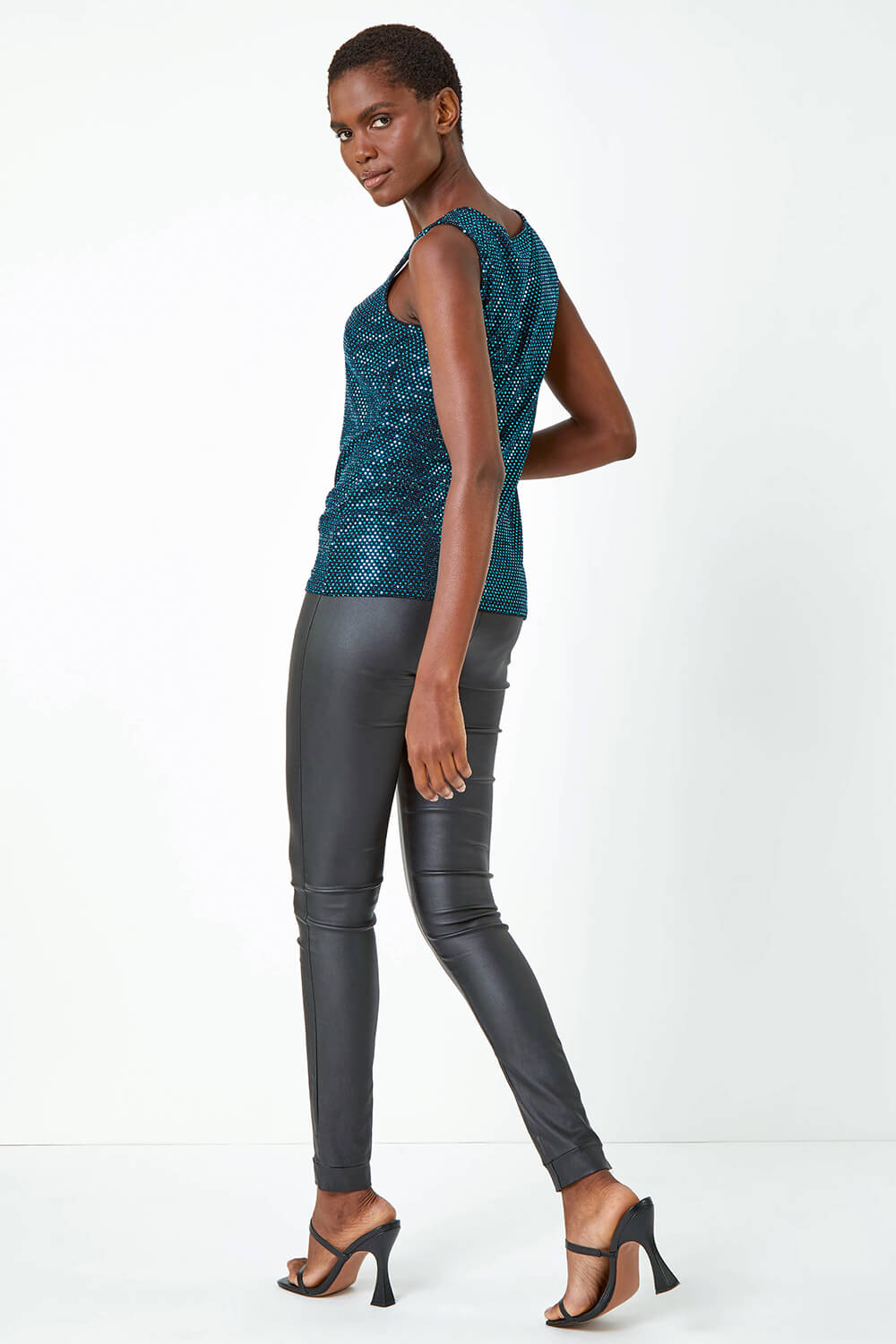 Turquoise Sequin Sparkle Stretch Vest Top, Image 3 of 6