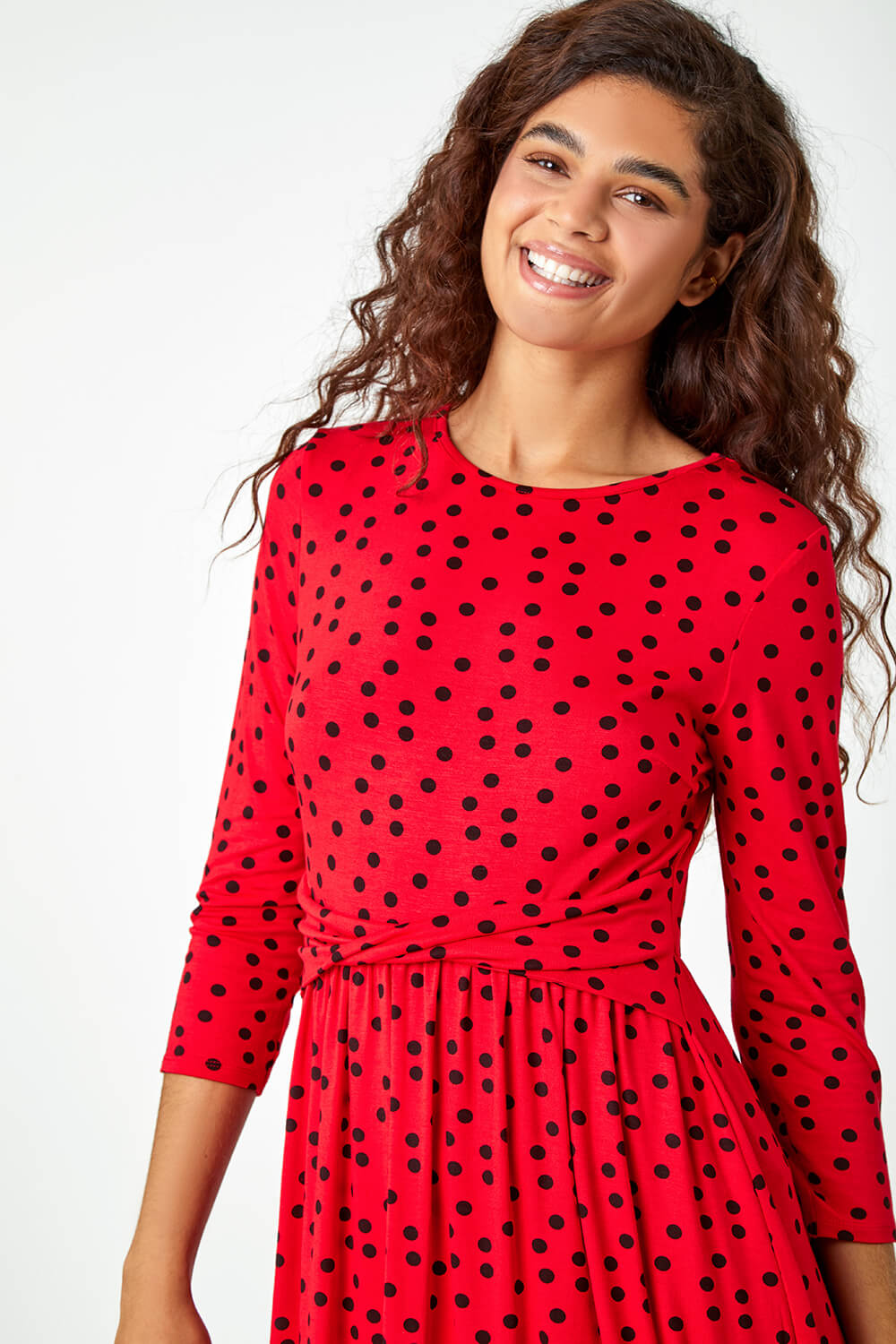Red Twist Waist Spot Print Stretch Dress, Image 4 of 5