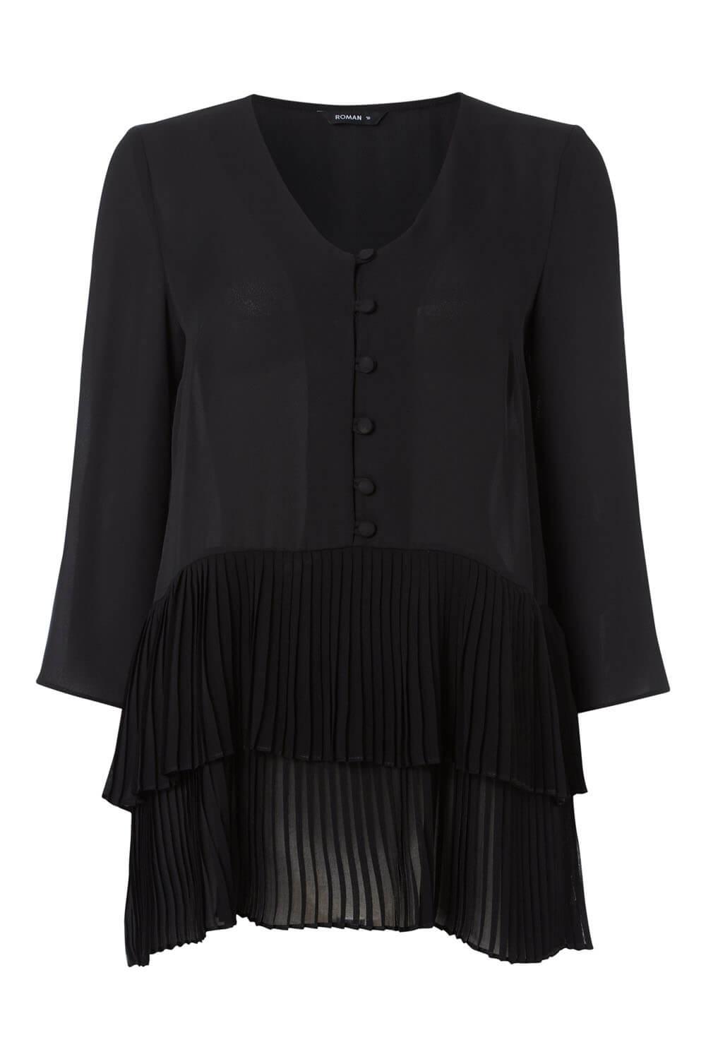3/4 Sleeve Pleated Button Front Top in Black - Roman Originals UK