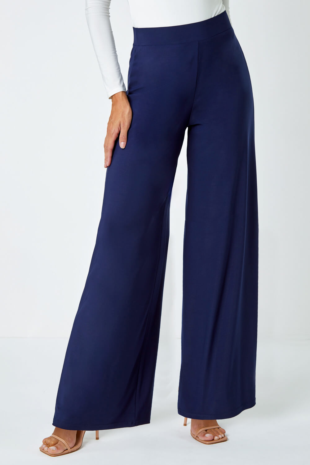 Navy  Wide Leg Stretch Trousers, Image 4 of 6