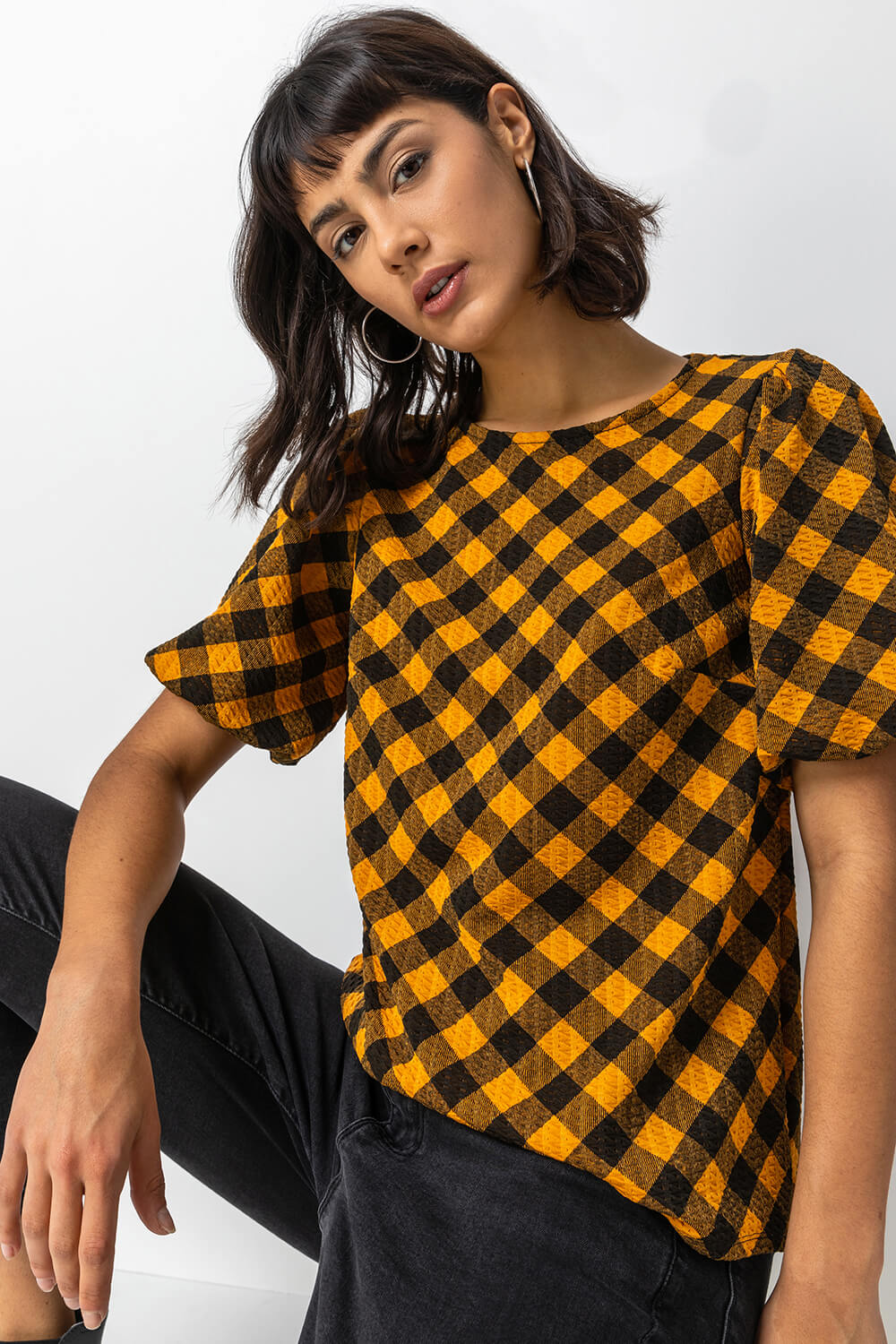 Yellow Check Print Puff Sleeve Top, Image 4 of 4