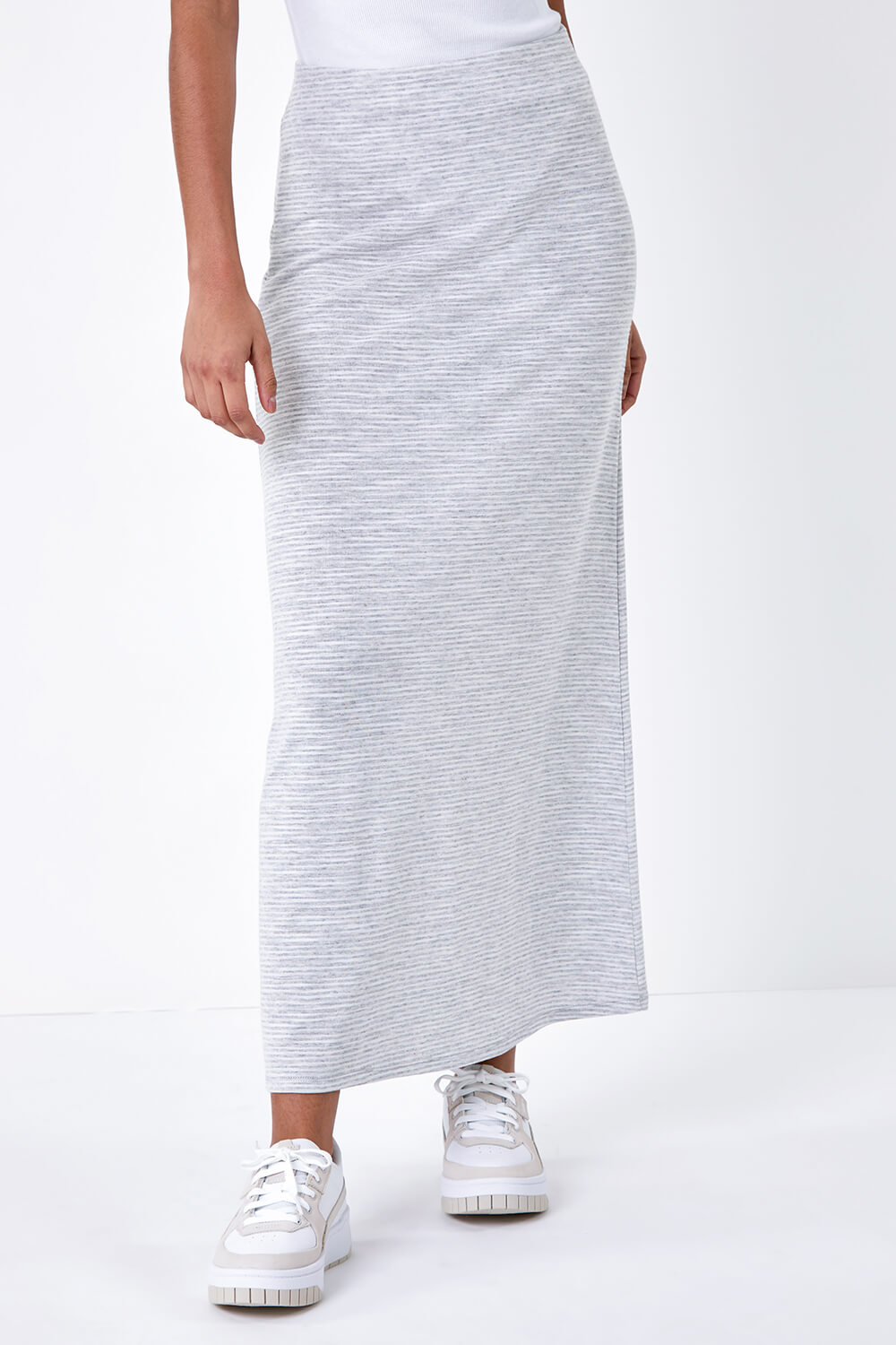 Grey Stripe Print Stretch Maxi Skirt, Image 4 of 5