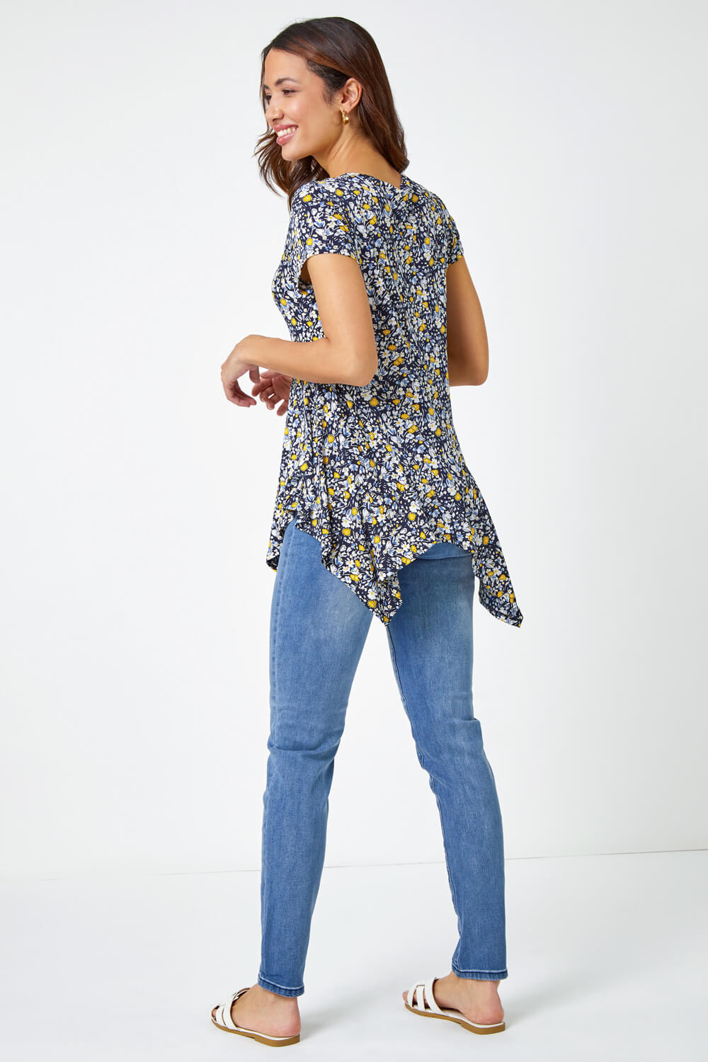 Yellow Floral Hanky Hem Stretch Tunic Top , Image 3 of 5