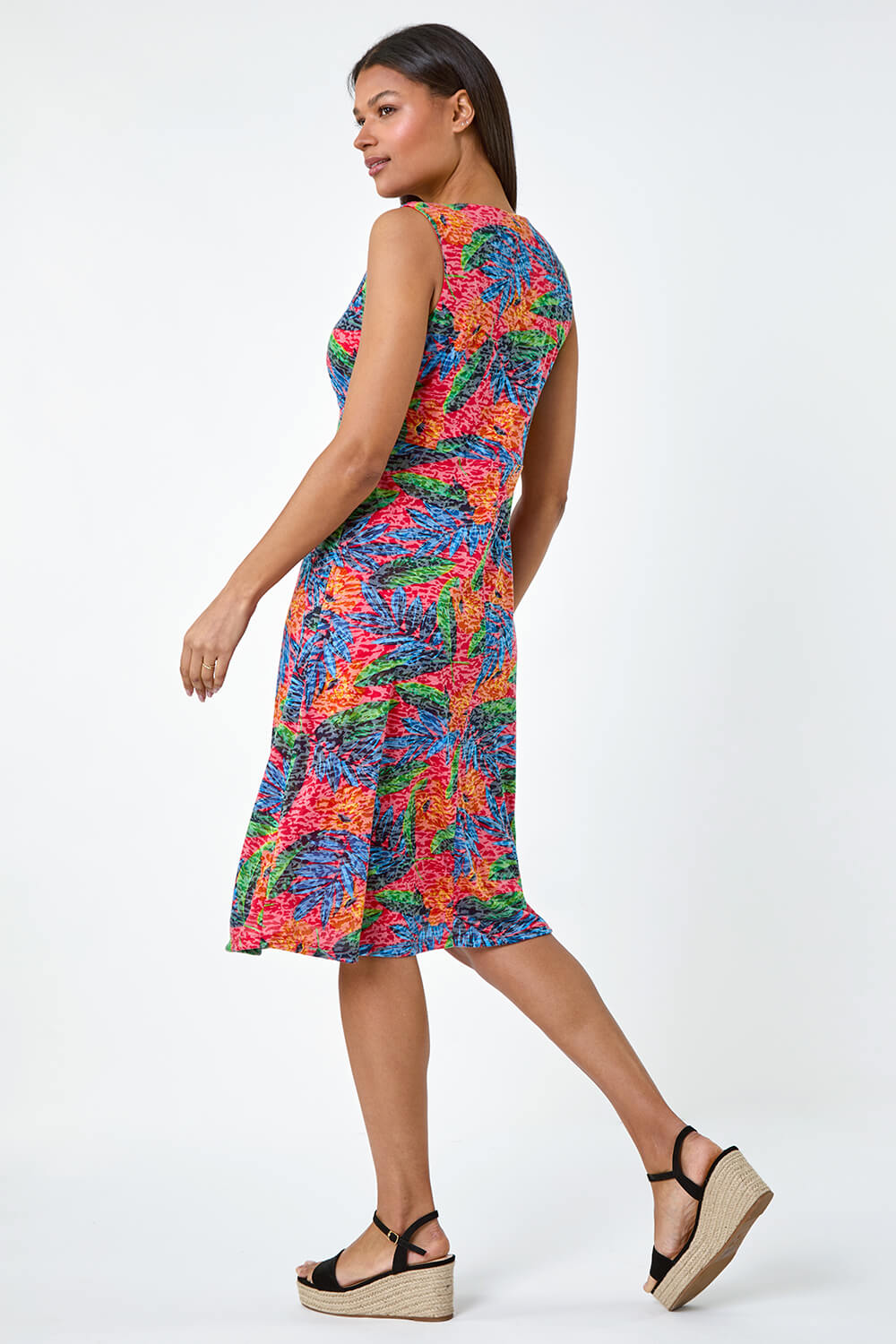 Red Burnout Tropical Print Stretch Dress, Image 3 of 5