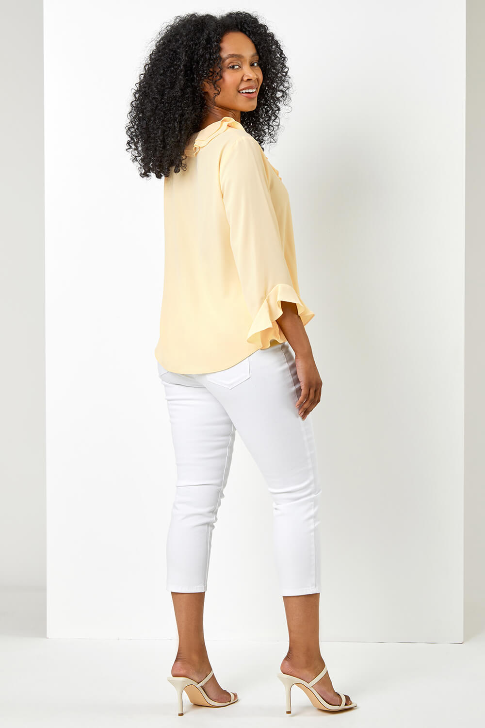 Yellow Petite Flared Sleeve Frill Detail Blouse, Image 2 of 5