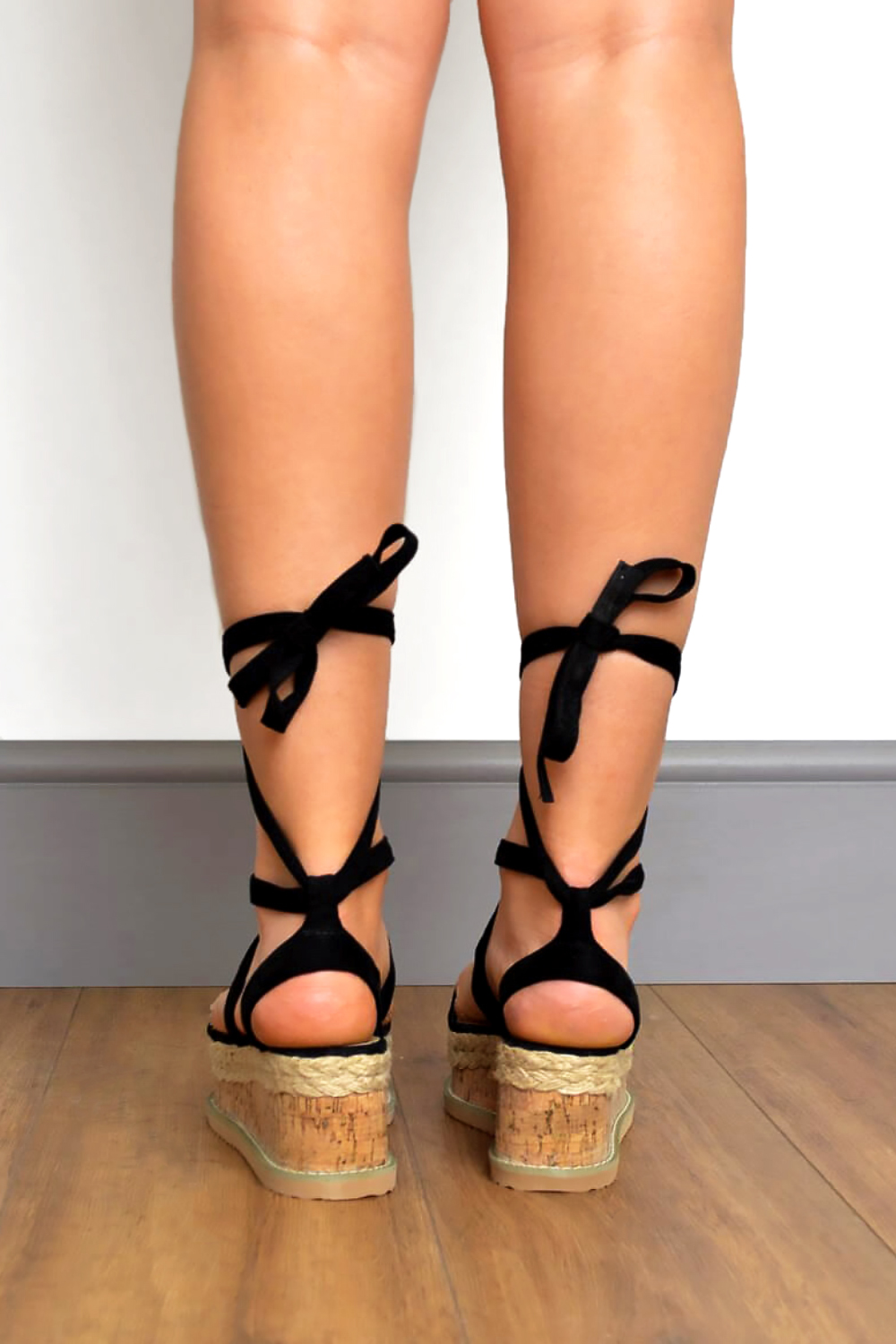 Black Suede Tie Leg Flatform Sandals, Image 4 of 4
