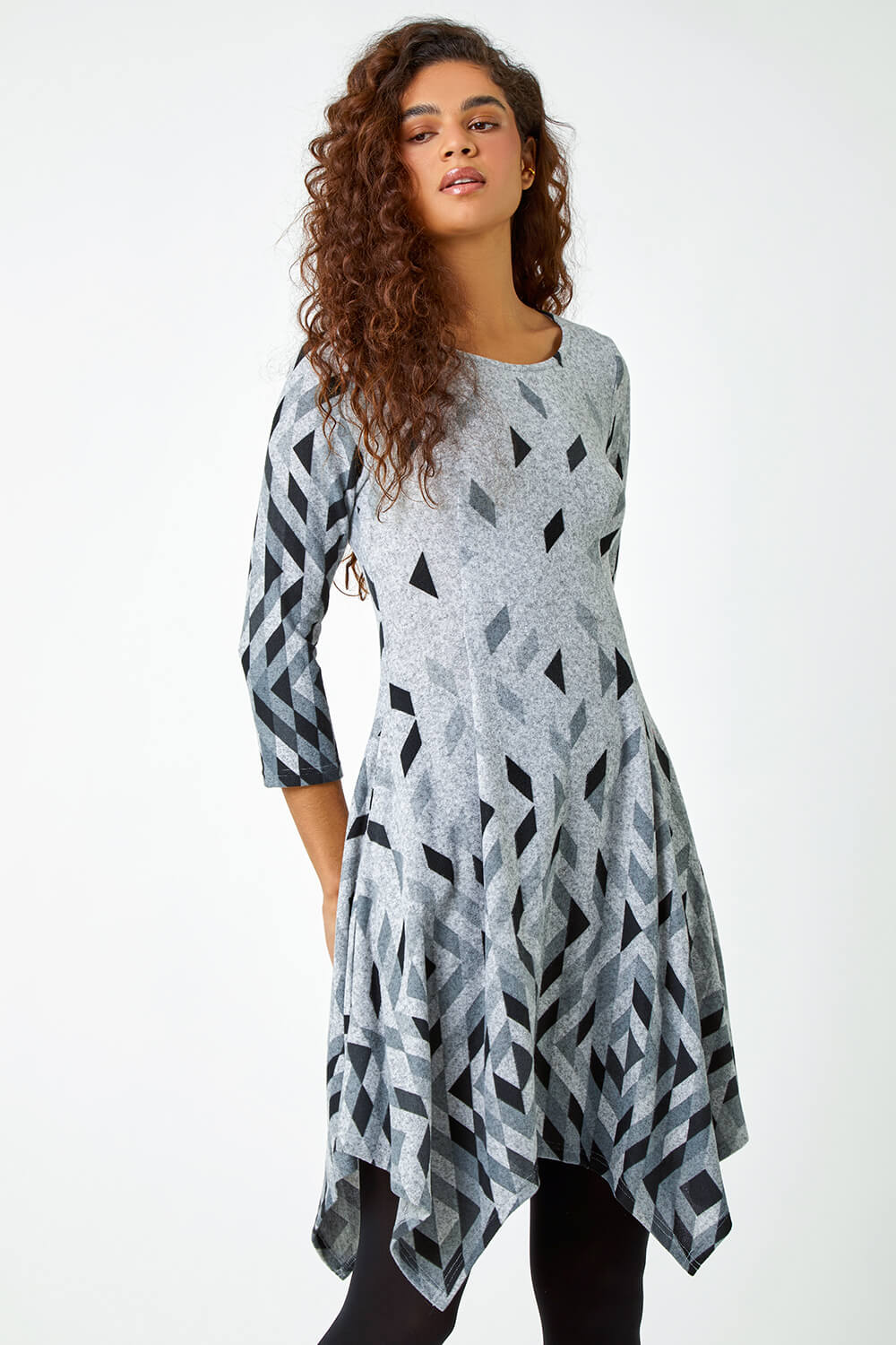 Grey Geometric Print Panelled Stretch Dress, Image 2 of 5
