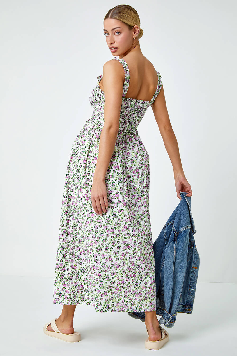 Ivory  Floral Print Shirred Stretch Maxi Dress, Image 3 of 5