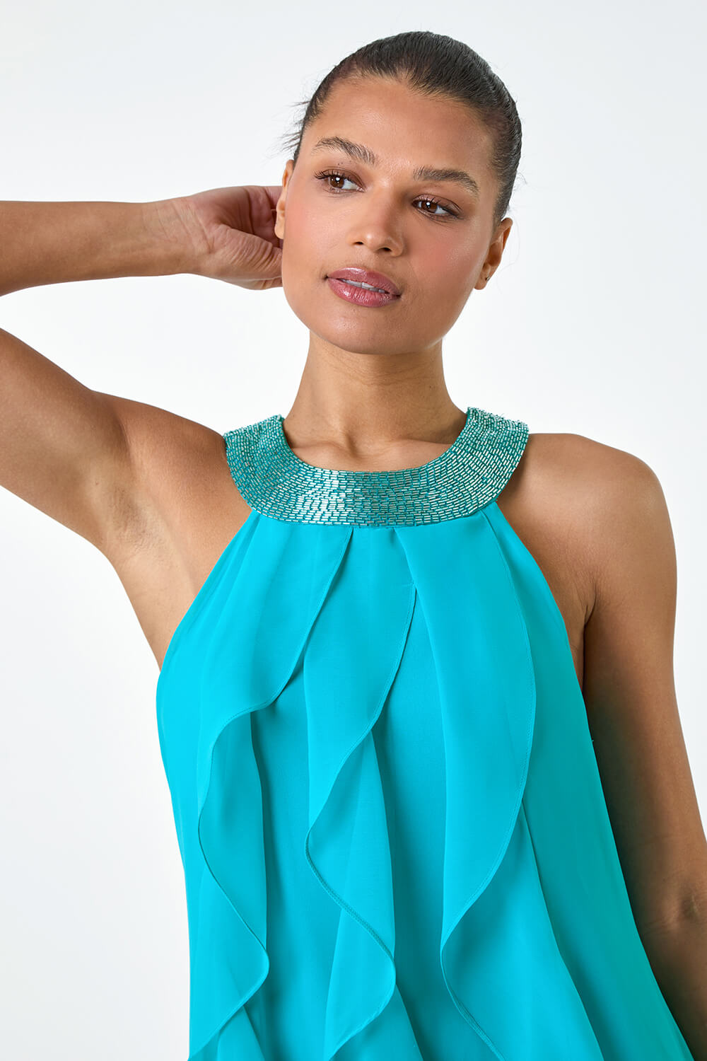 Turquoise Embellished Collar Frilled Chiffon Dress, Image 4 of 5