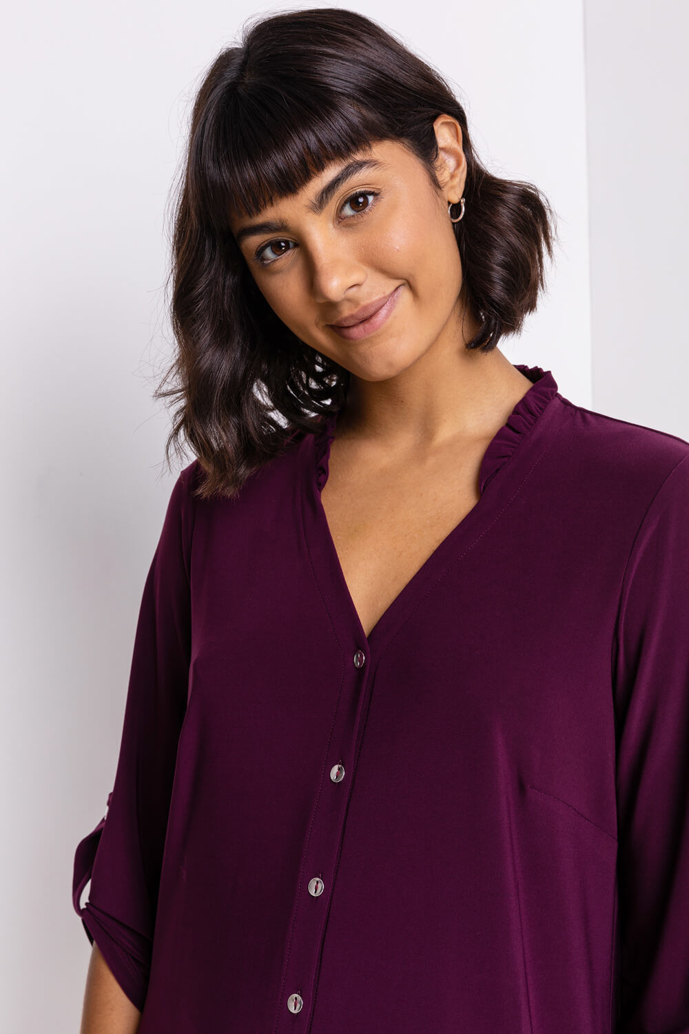Plum Frill Neck Jersey Blouse, Image 4 of 5