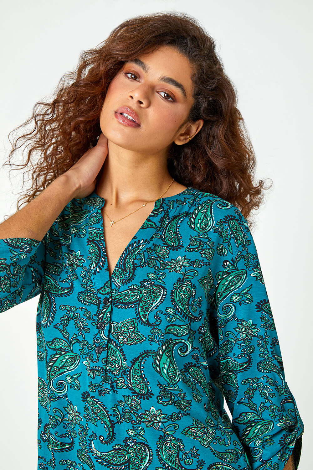 Teal Paisley Jersey Stretch Shirt, Image 4 of 5