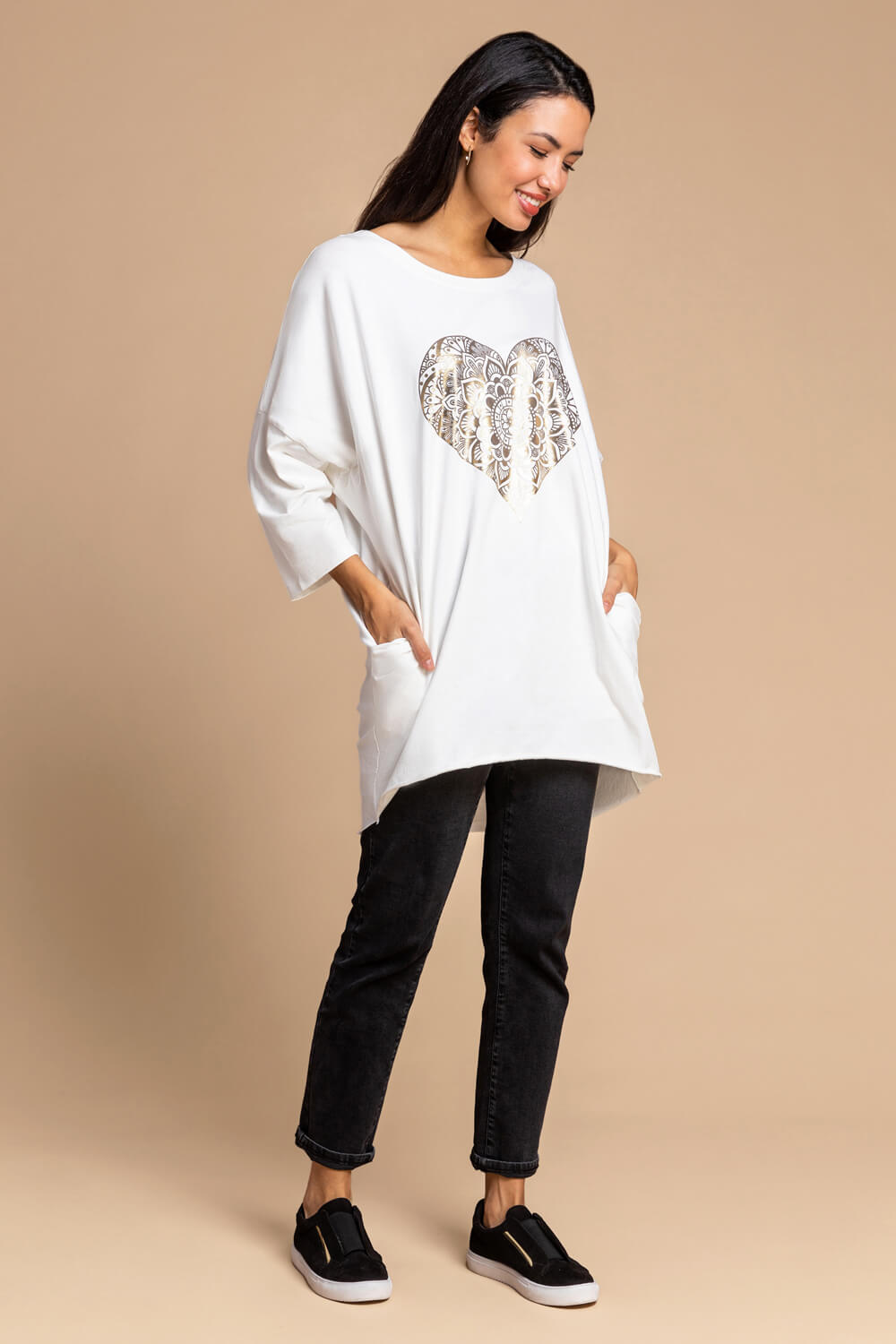 Ivory  One Size Foil Henna Heart Lounge Top, Image 3 of 5