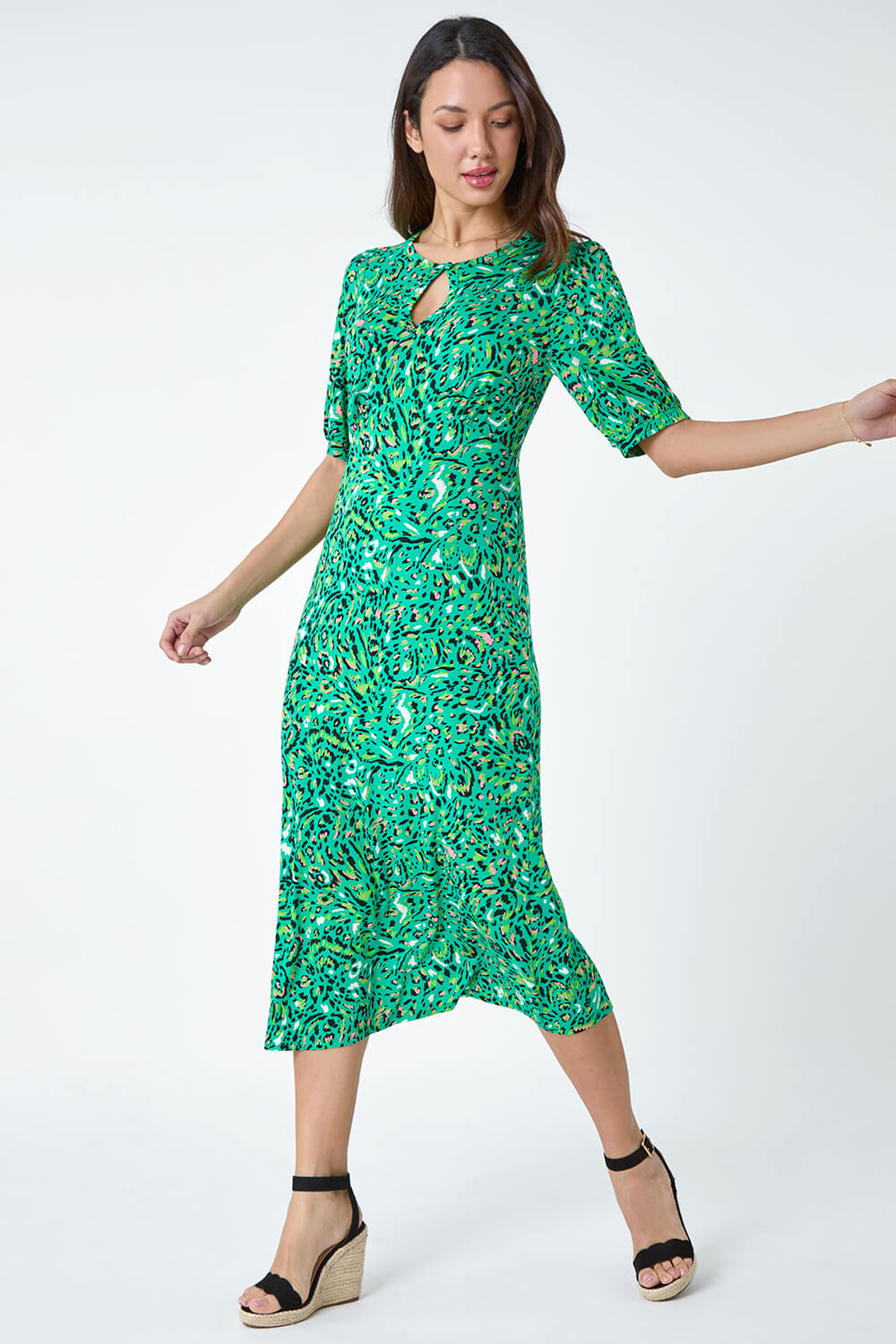Green Animal Print Keyhole Stretch Dress, Image 2 of 5