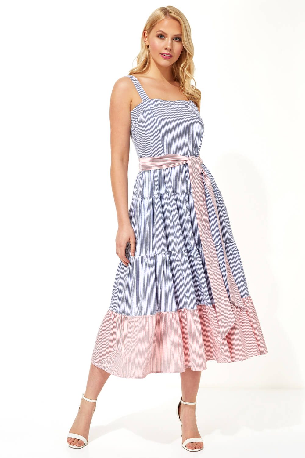 Stripe Tiered Cotton Midi Dress in Blue - Roman Originals UK