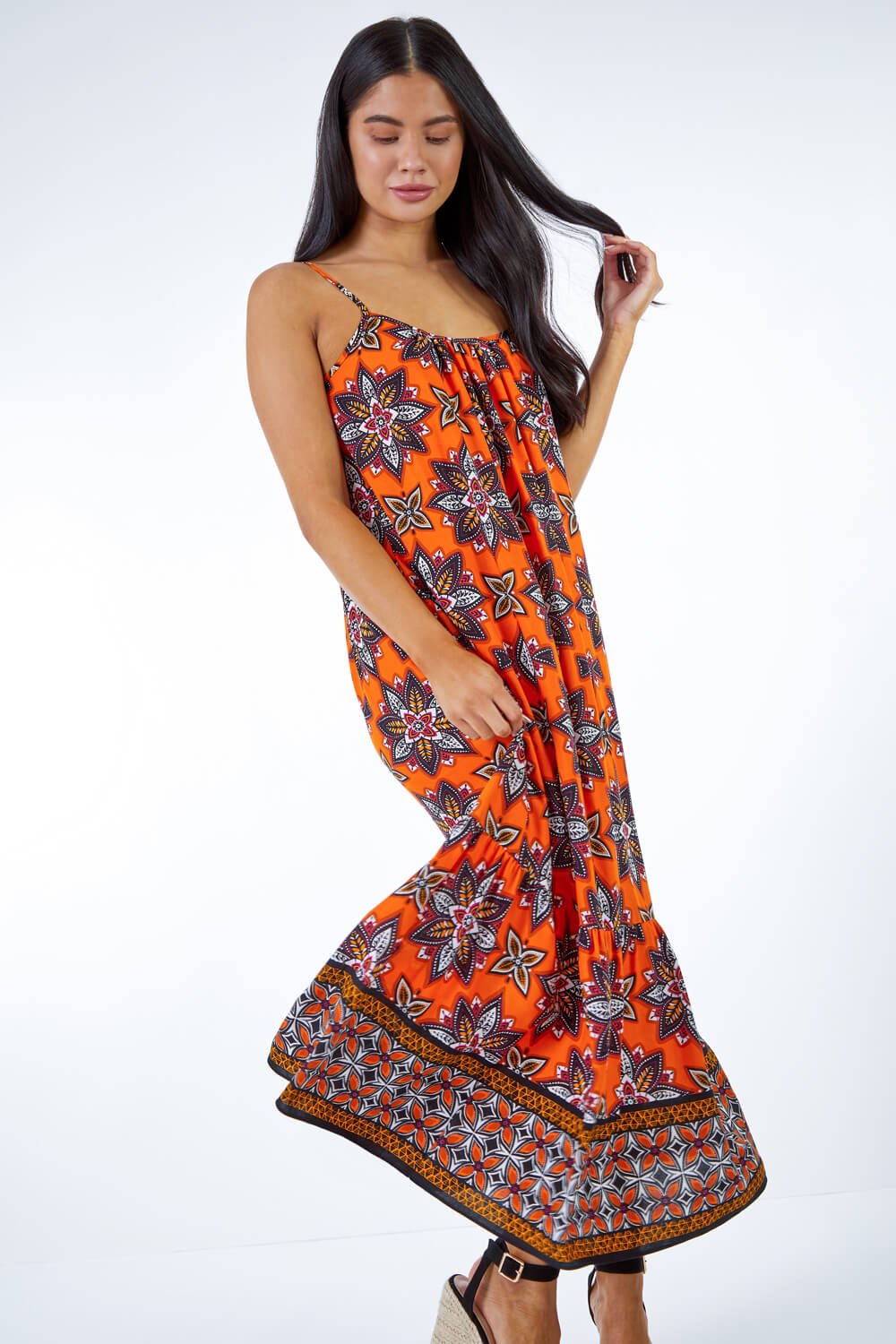 ORANGE Petite Boho Print Maxi Sun Dress, Image 1 of 5