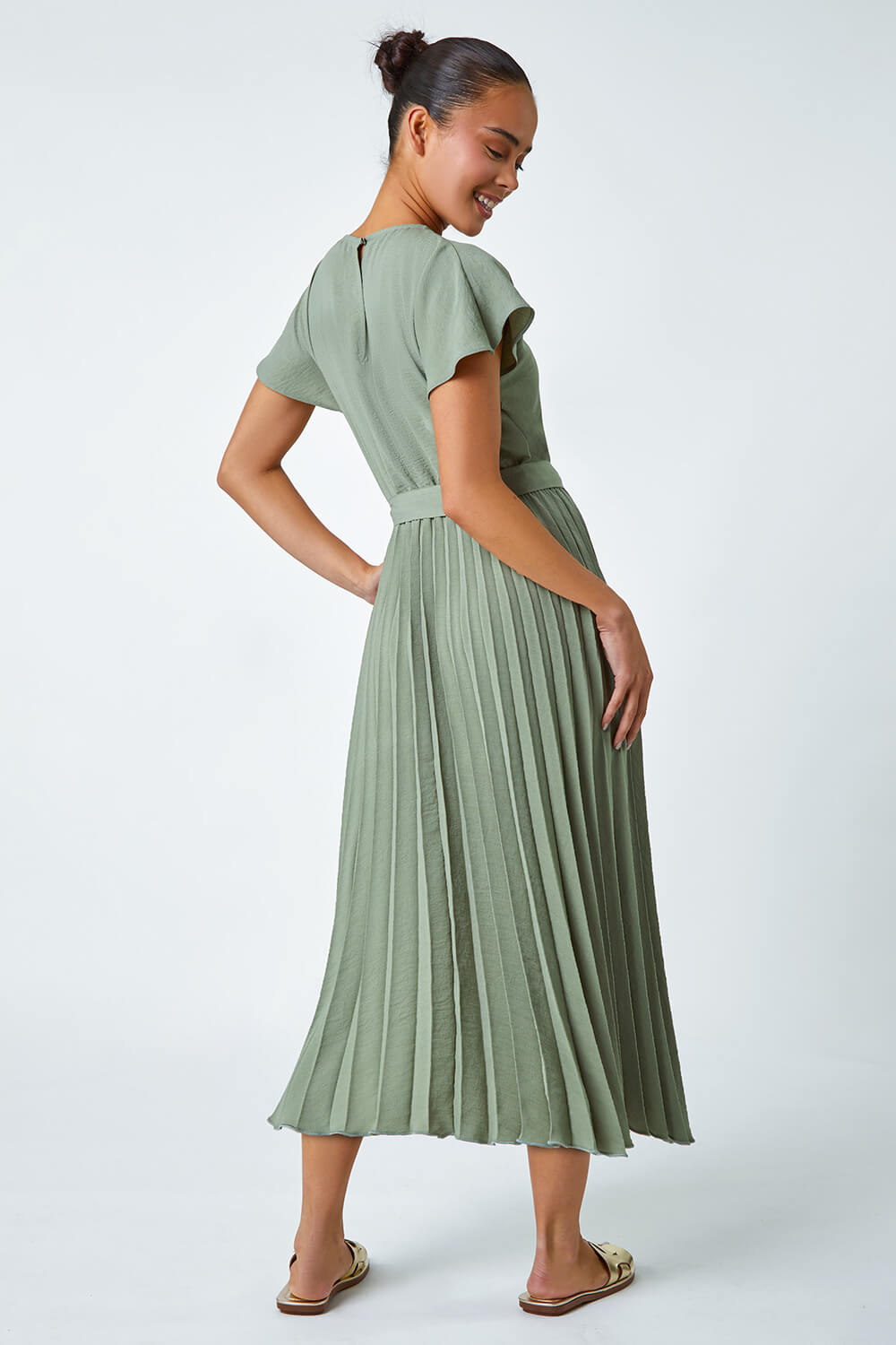 KHAKI Petite Plain Pleated Skirt Midi Dress, Image 3 of 5