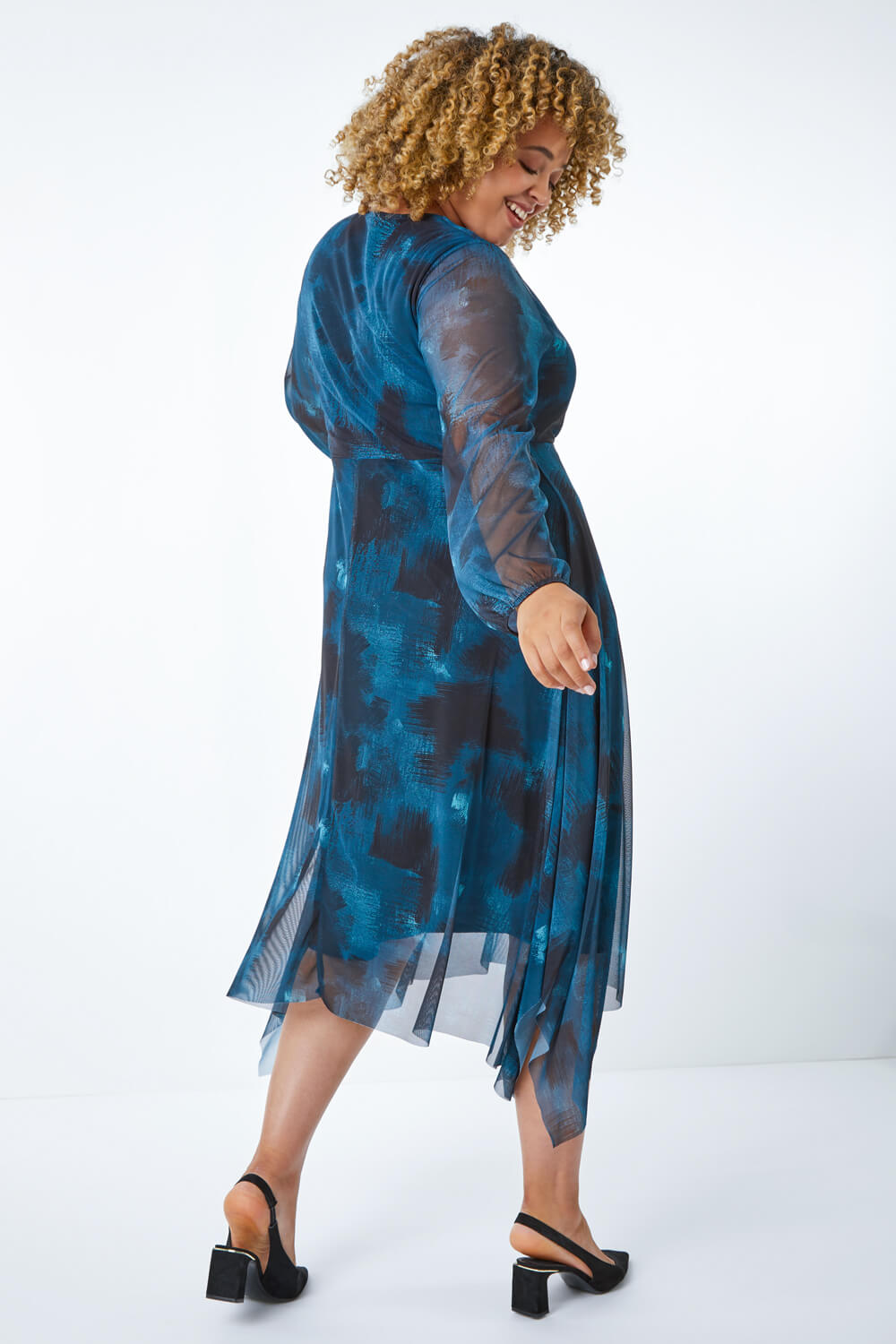 Teal Curve Abstract Print Wrap Dress, Image 3 of 5
