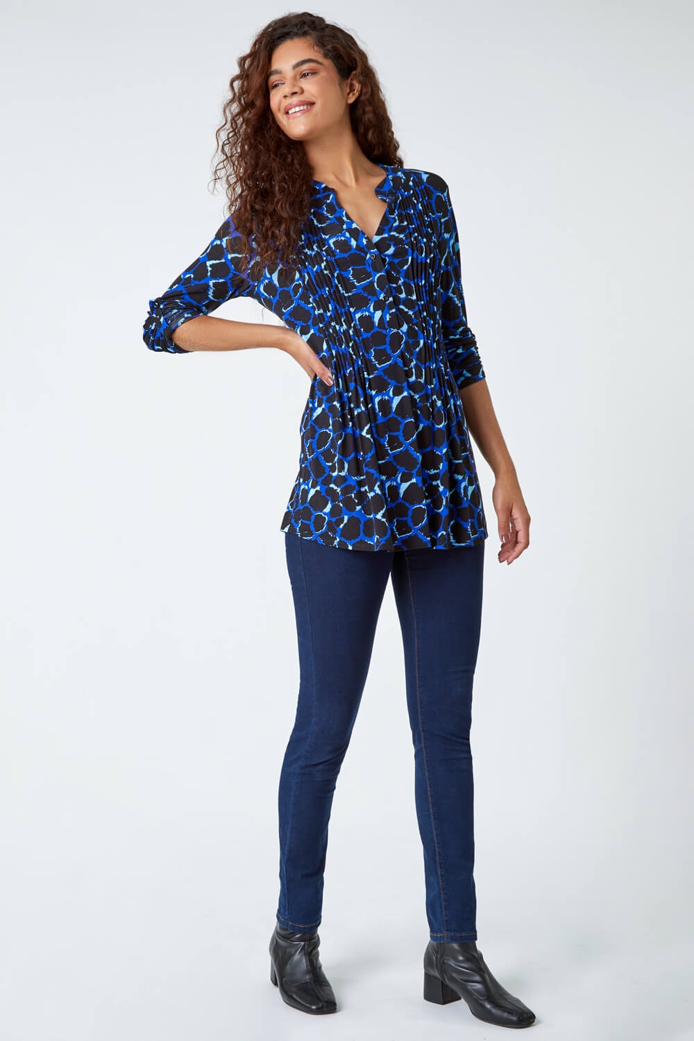 Blue Pebble Print Pintuck Stretch Top, Image 2 of 5
