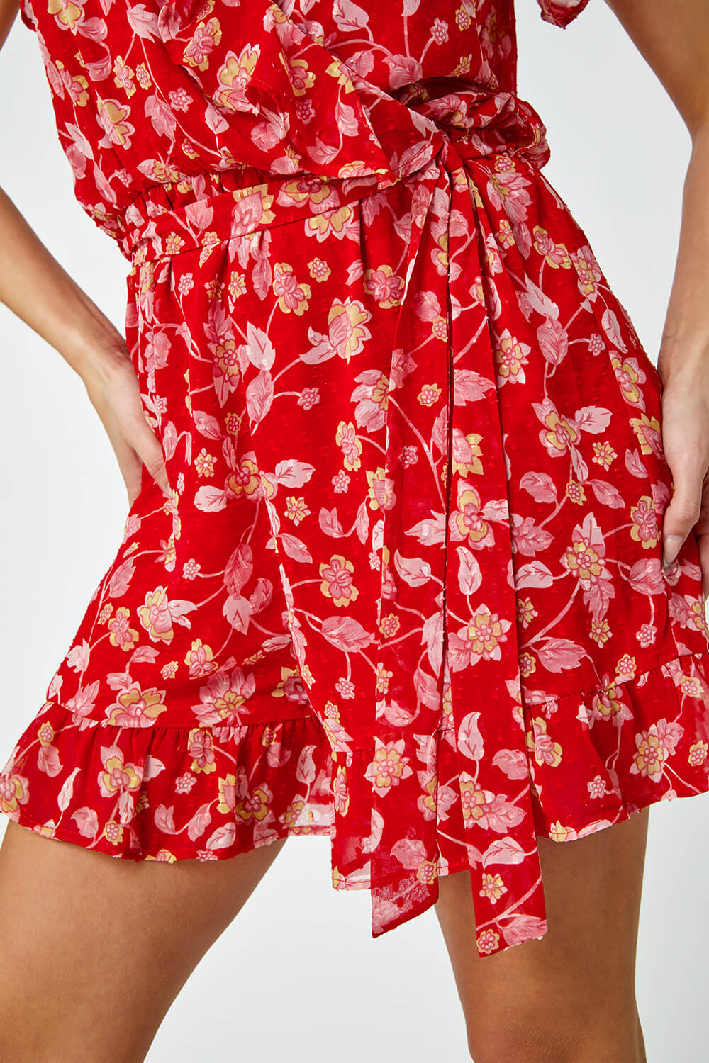 Red Floral Frill Wrap Playsuit, Image 5 of 5