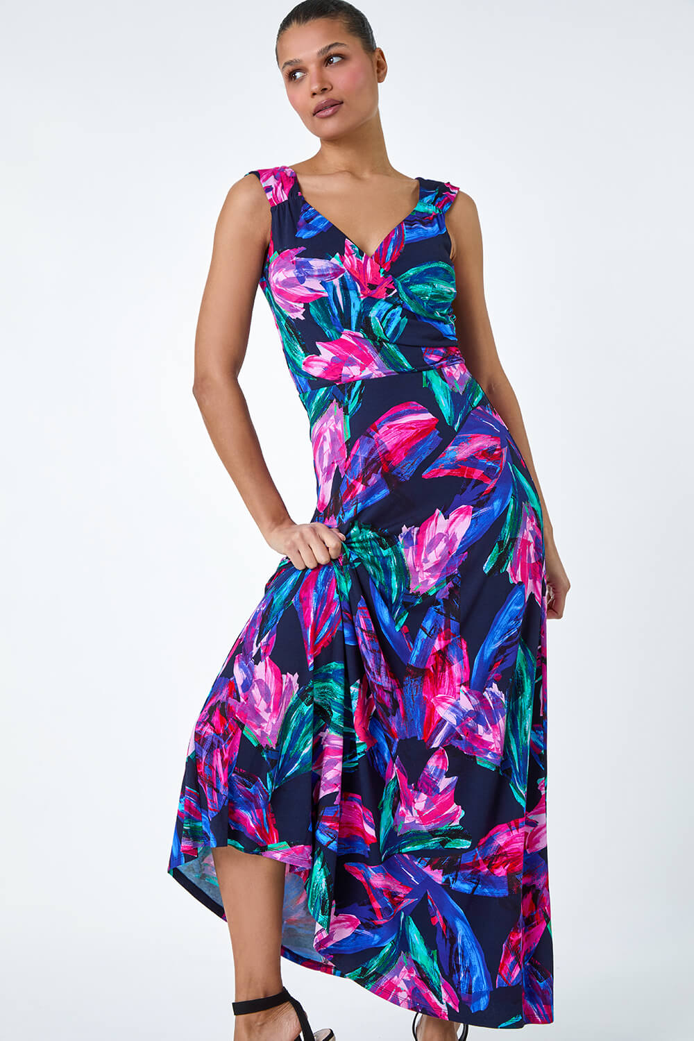Tropical Floral Print Wrap Maxi Dress