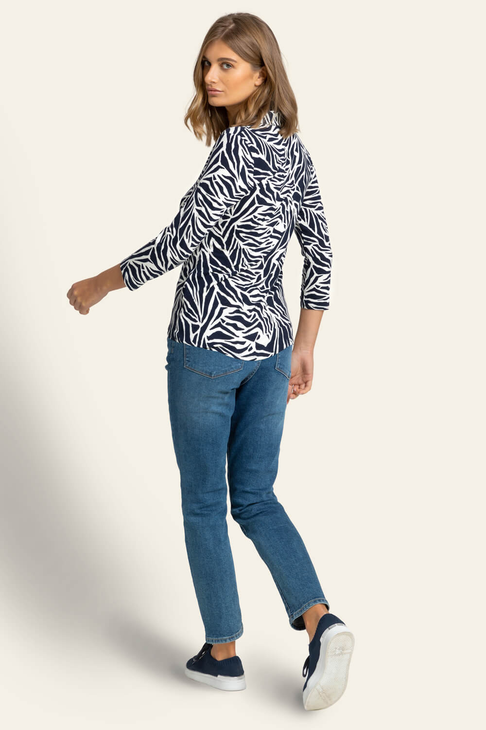 Navy  Animal Print Buttoned Jersey Blouse, Image 2 of 4