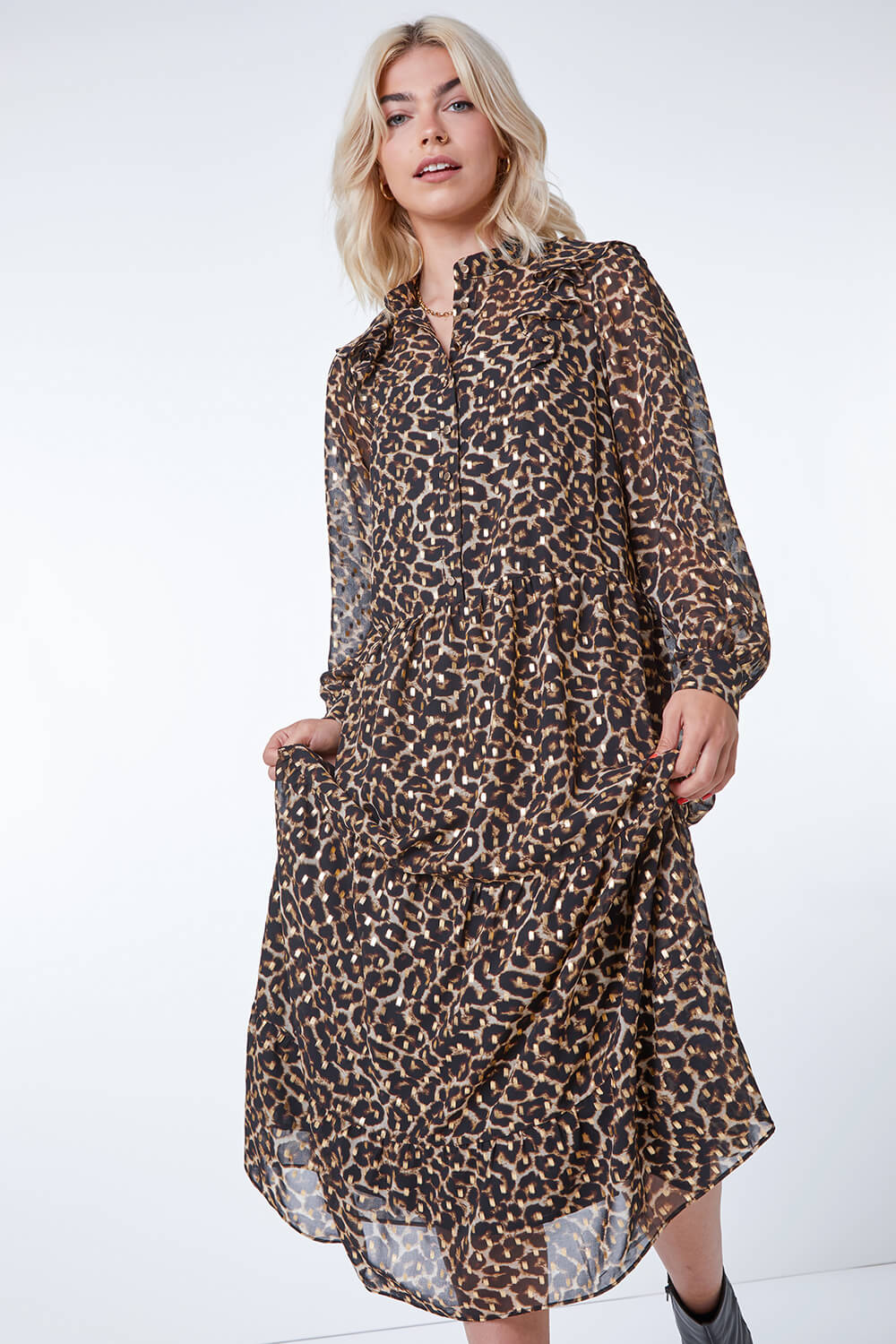 Camel  Tiered Animal Print Ruffle Dress, Image 3 of 5