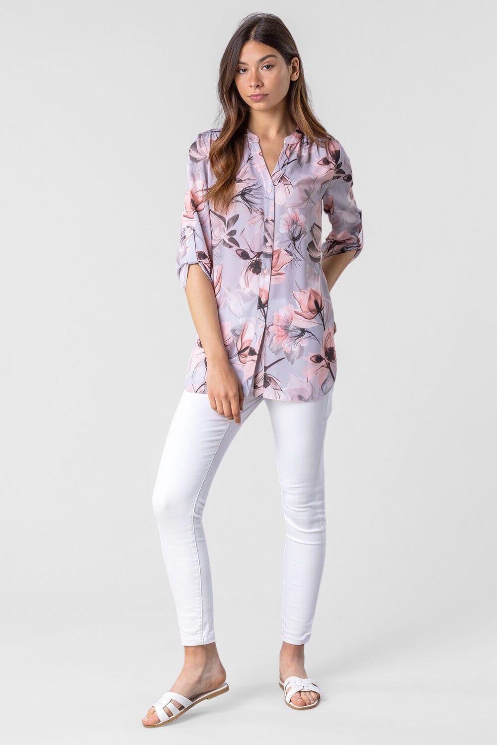 Grey Floral Button Through Tunic Blouse, Image 3 of 5