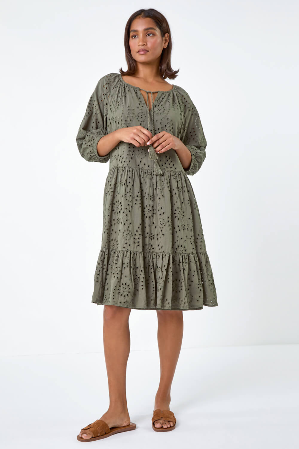 KHAKI Cotton Broderie Tiered Smock Dress, Image 2 of 7