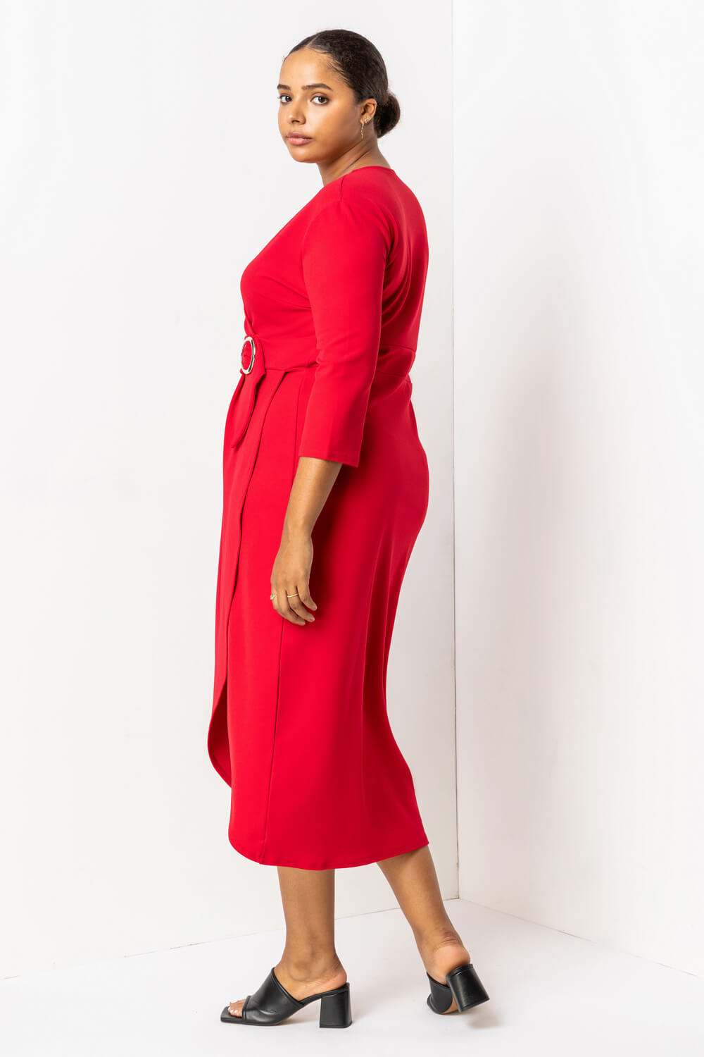Red Curve Buckled Belt Ruched Wrap Dress, Image 2 of 5