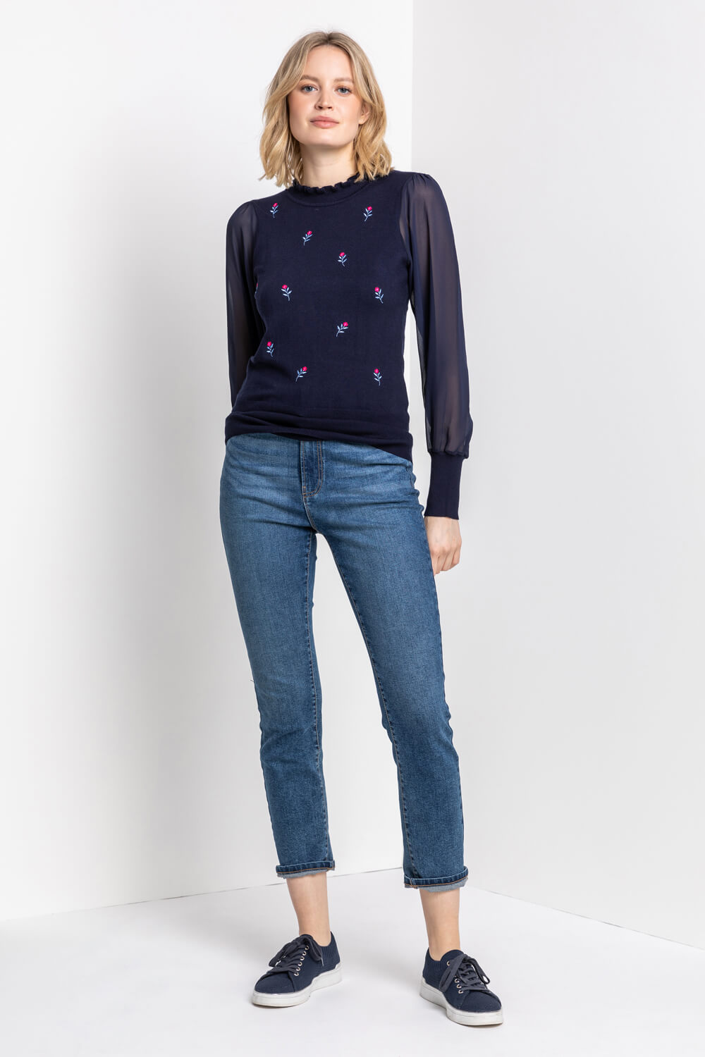 Midnight Blue Floral Embroidered Frill Neck Top, Image 3 of 5