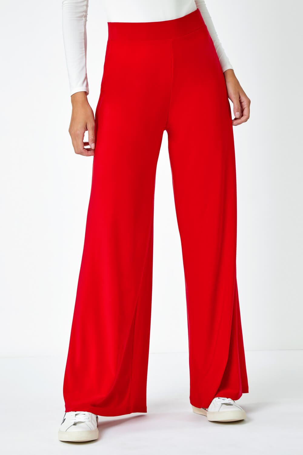 Red Wide Leg Stretch Trousers, Image 4 of 5