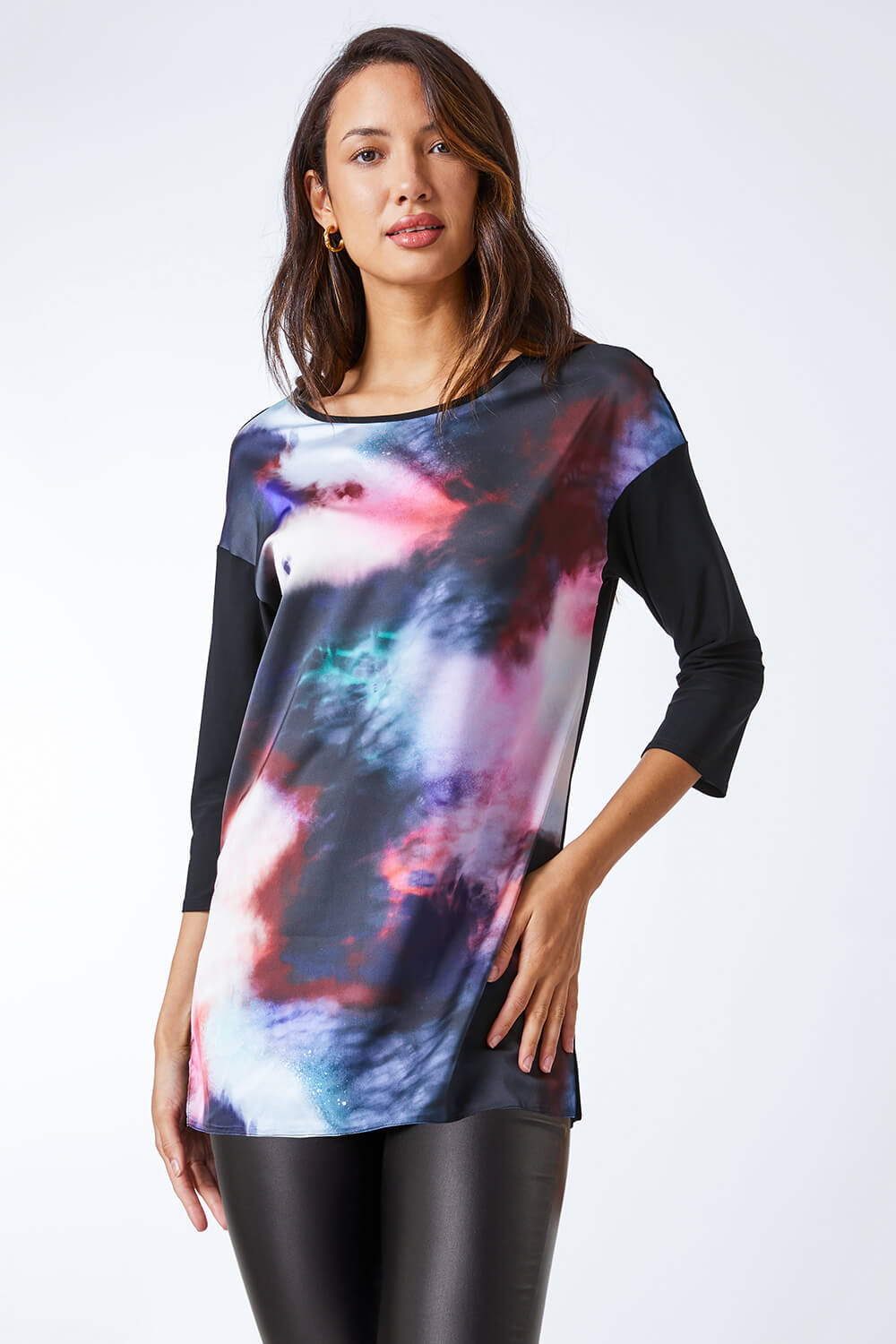 Black Abstract Print Stretch Jersey Tunic, Image 2 of 5