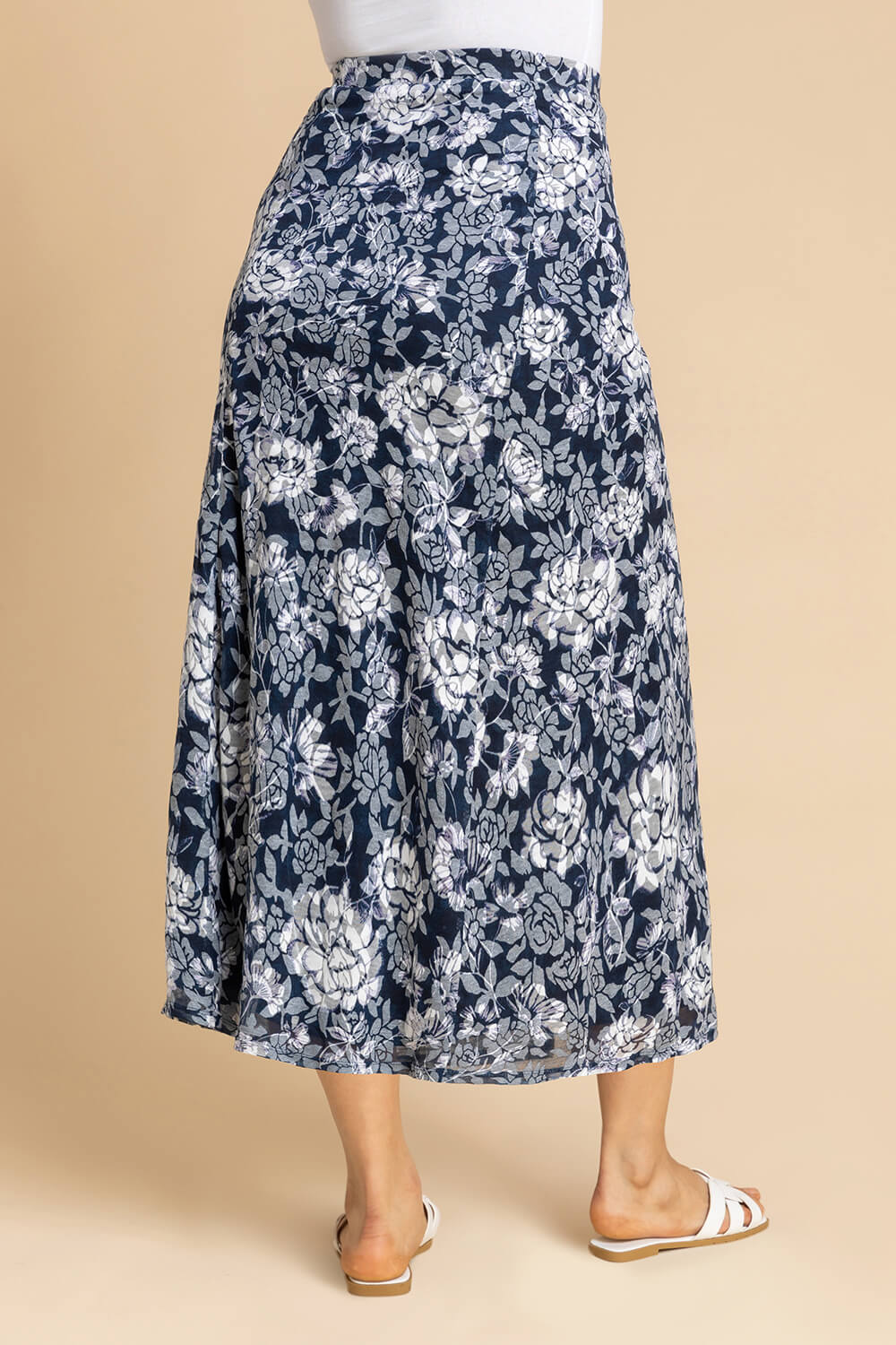 Navy  Floral Burnout Buttoned Midi Skirt, Image 2 of 4