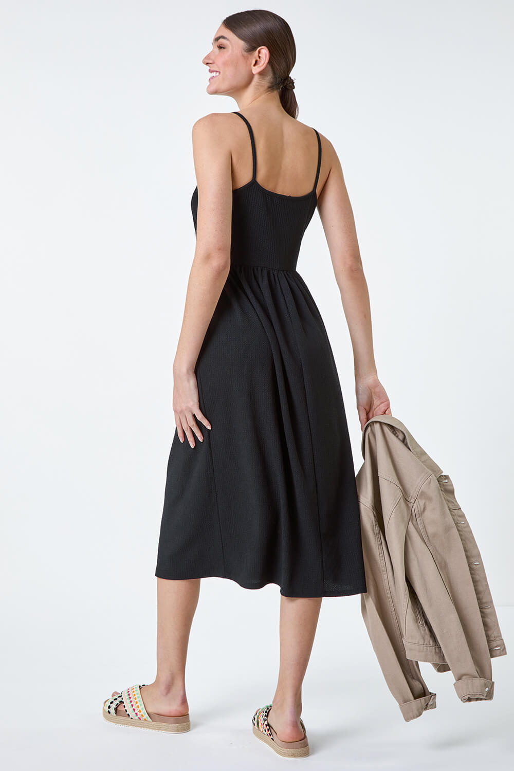 Black Stretch Jersey Button Midi Dress, Image 3 of 5