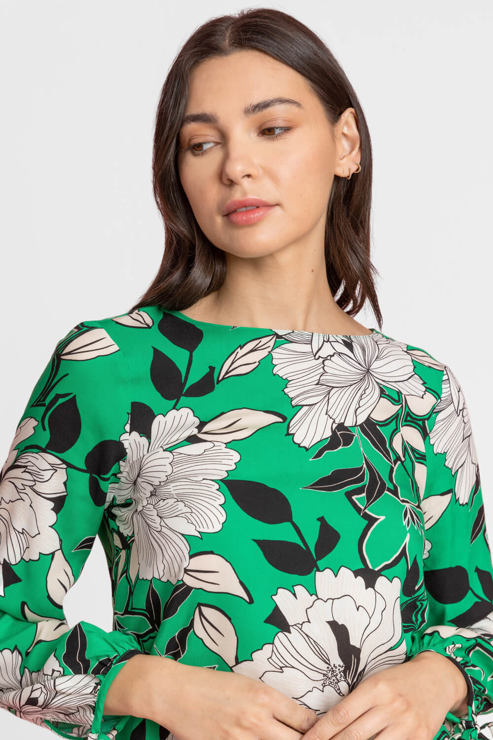 Green Floral Print Tie Sleeve Top, Image 4 of 5