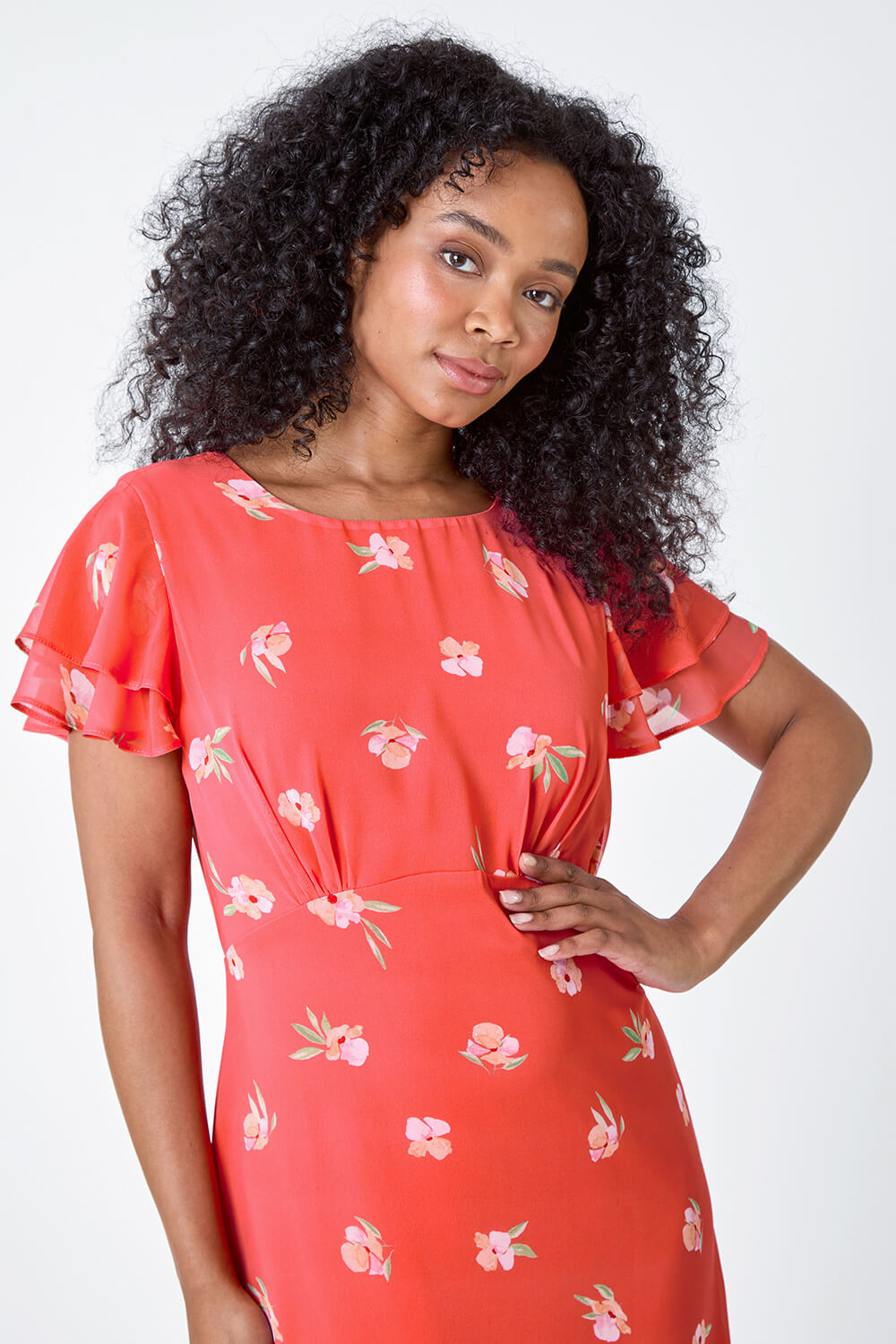 CORAL Petite Floral Chiffon Frill Tiered Midi Dress, Image 4 of 5