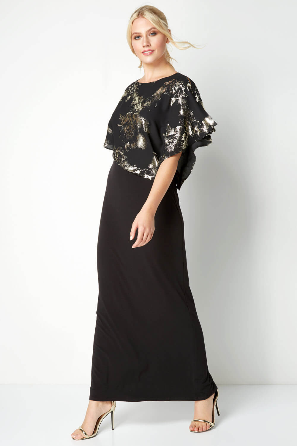 Gold Floral Overlay Maxi Dress, Image 2 of 5
