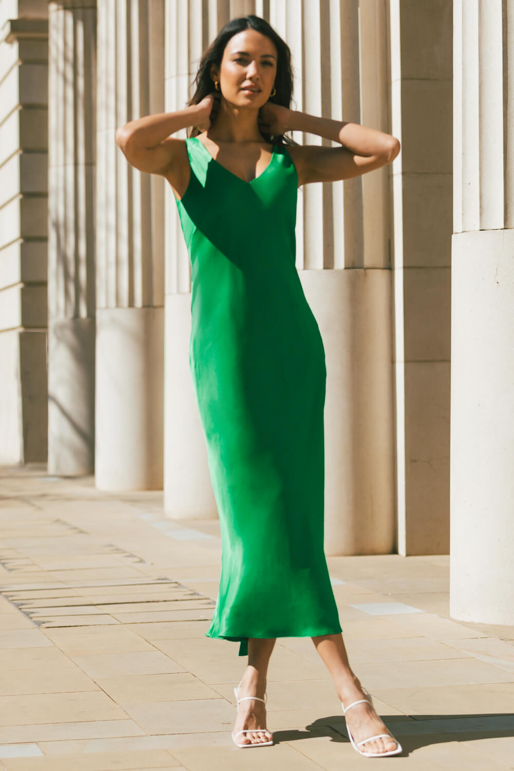Green Bias Cut Stretch Maxi Dress, Image 2 of 5