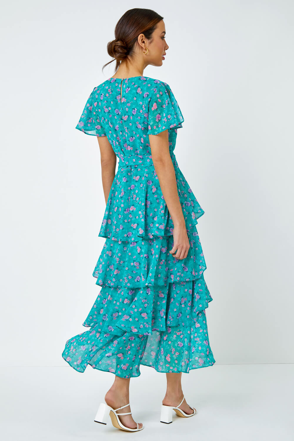 Green Floral Print Tiered Midi Dress, Image 4 of 6