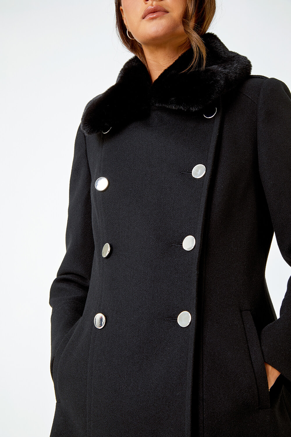 Black Double Breasted Faux Fur Collar Coat, Image 5 of 5