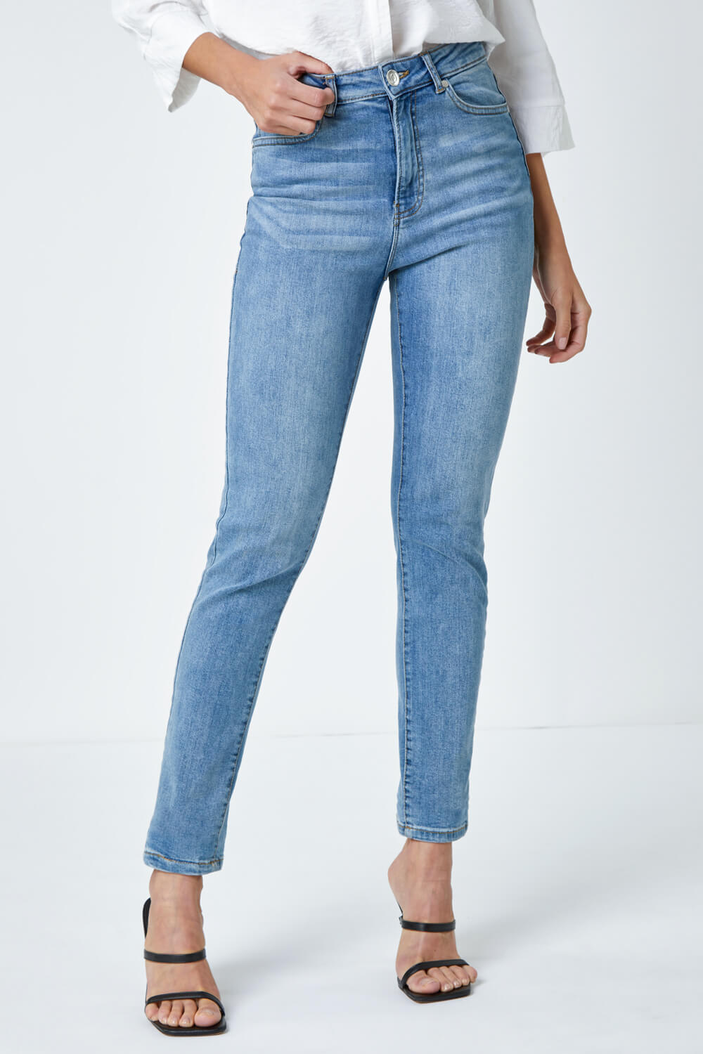 Blue Slim Leg Stretch Mom Jeans, Image 2 of 5