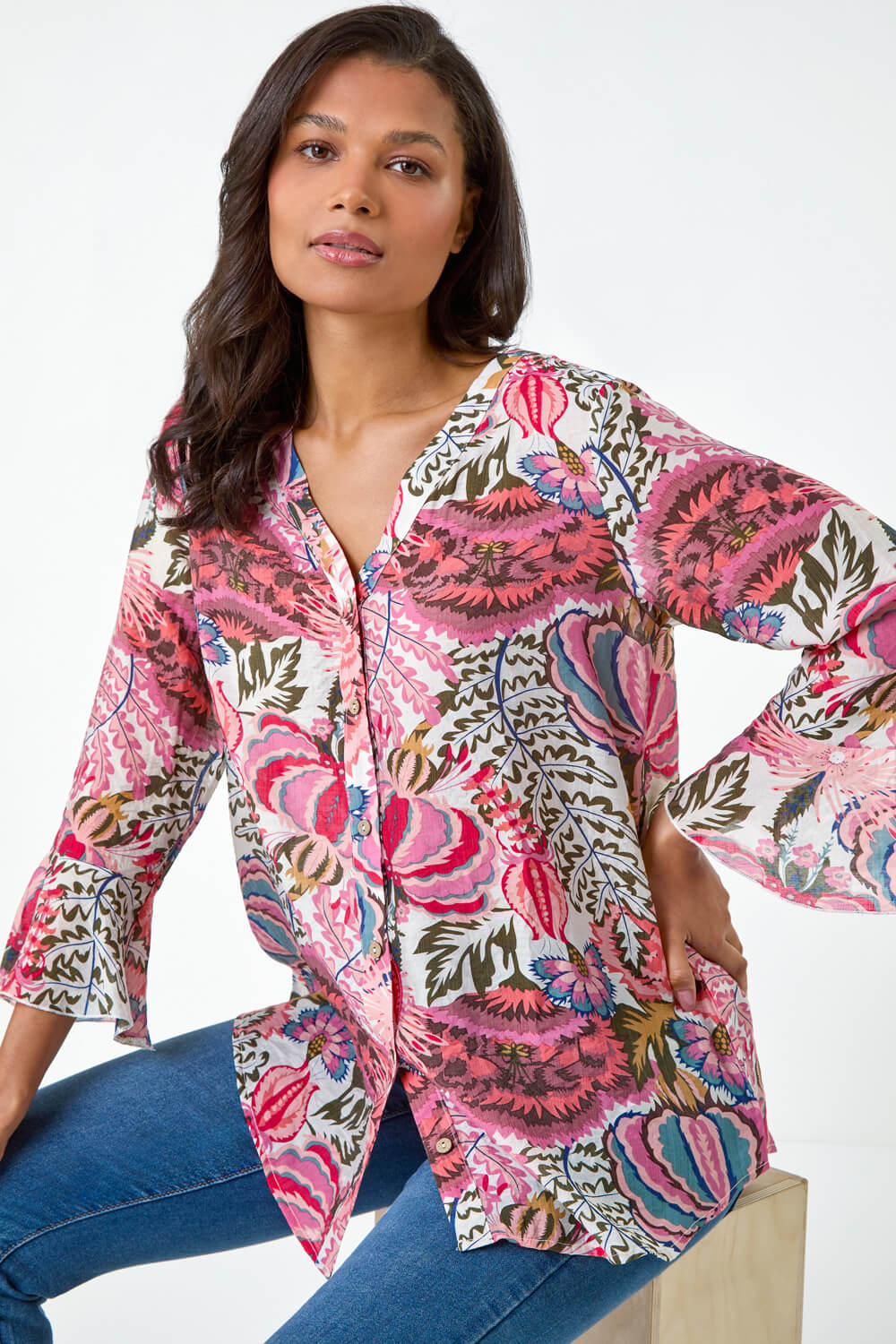 Women Pink Floral Frill Top