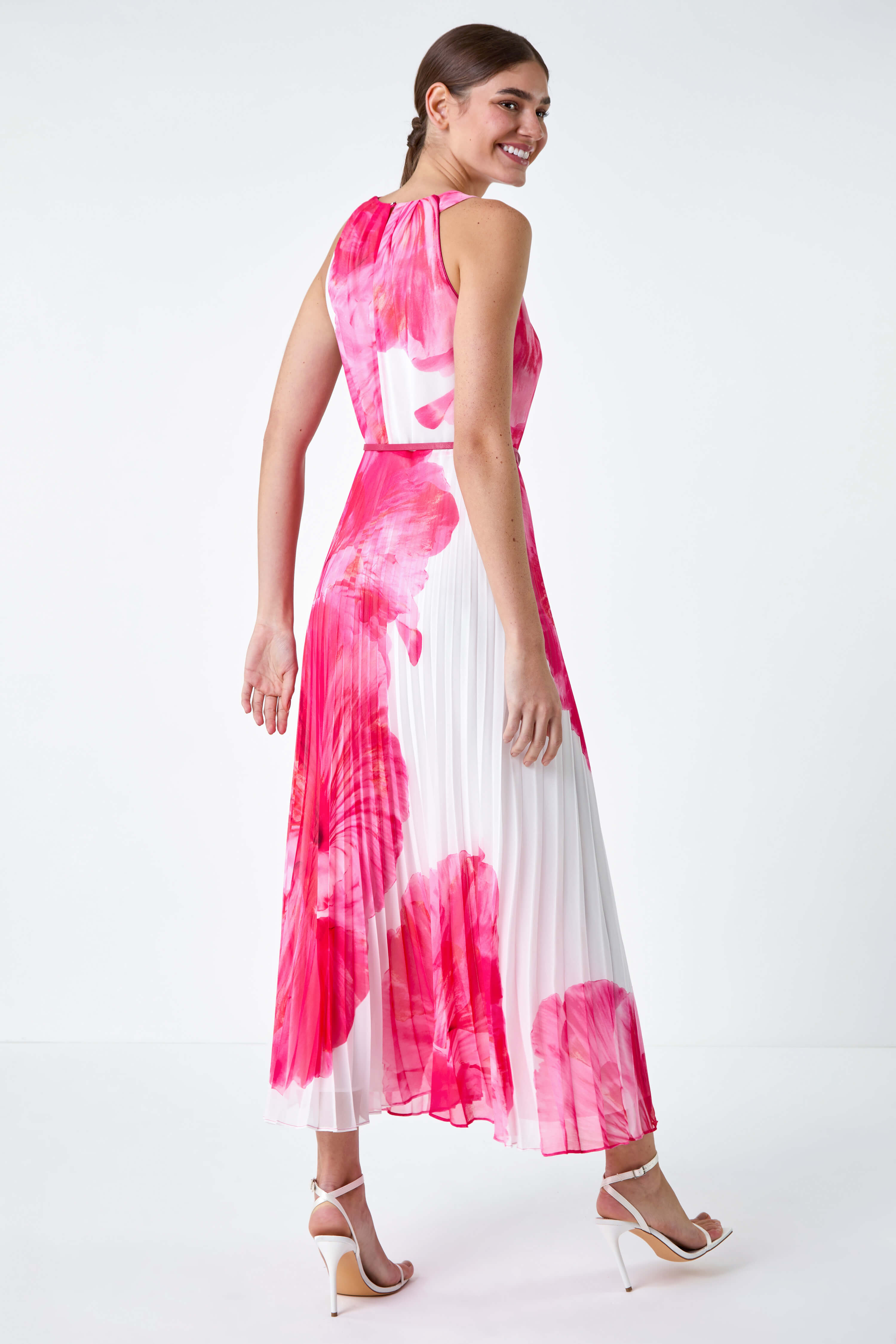 CERISE Floral Pleated Halterneck Maxi Dress, Image 3 of 5