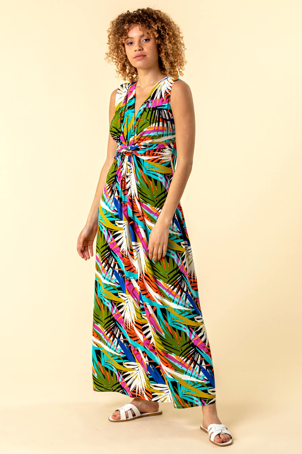 Multi  Palm Print Twist Waist Maxi Dress, Image 4 of 4