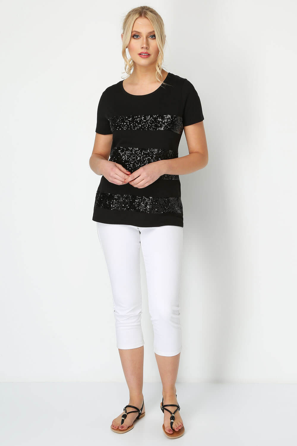 Black Sequin Stripe T-Shirt Top, Image 2 of 8